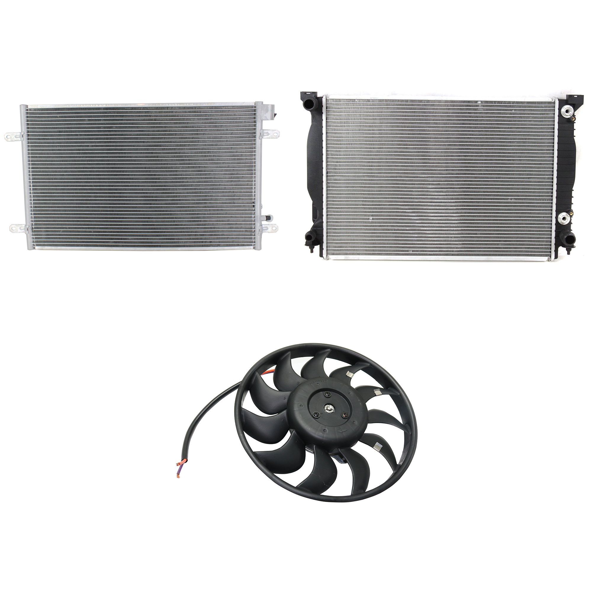 AM A6 QUATTRO 05-05 A C CONDENSER RADIATOR COOLING FAN KIT 3 pc kit 3.2L Eng. 6 Cyl. SKU KIT 072324-25 Partslink AU3030130 AU3117105 AU3010130 OEM 4F0260403P 4F0959455A 8E012125