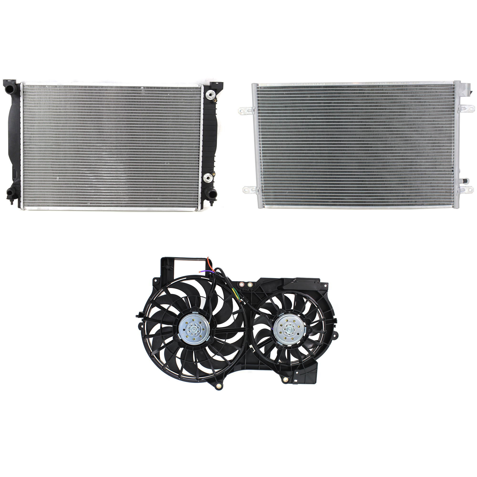 AM A6 QUATTRO 05-05 A C CONDENSER RADIATOR COOLING FAN KIT 3 pc kit 3.2L Eng. 6 Cyl. SKU KIT 072324-29 Partslink AU3030130 AU3115109 AU3010130 OEM 4F0260403P 4F0121207A PFM 8E01