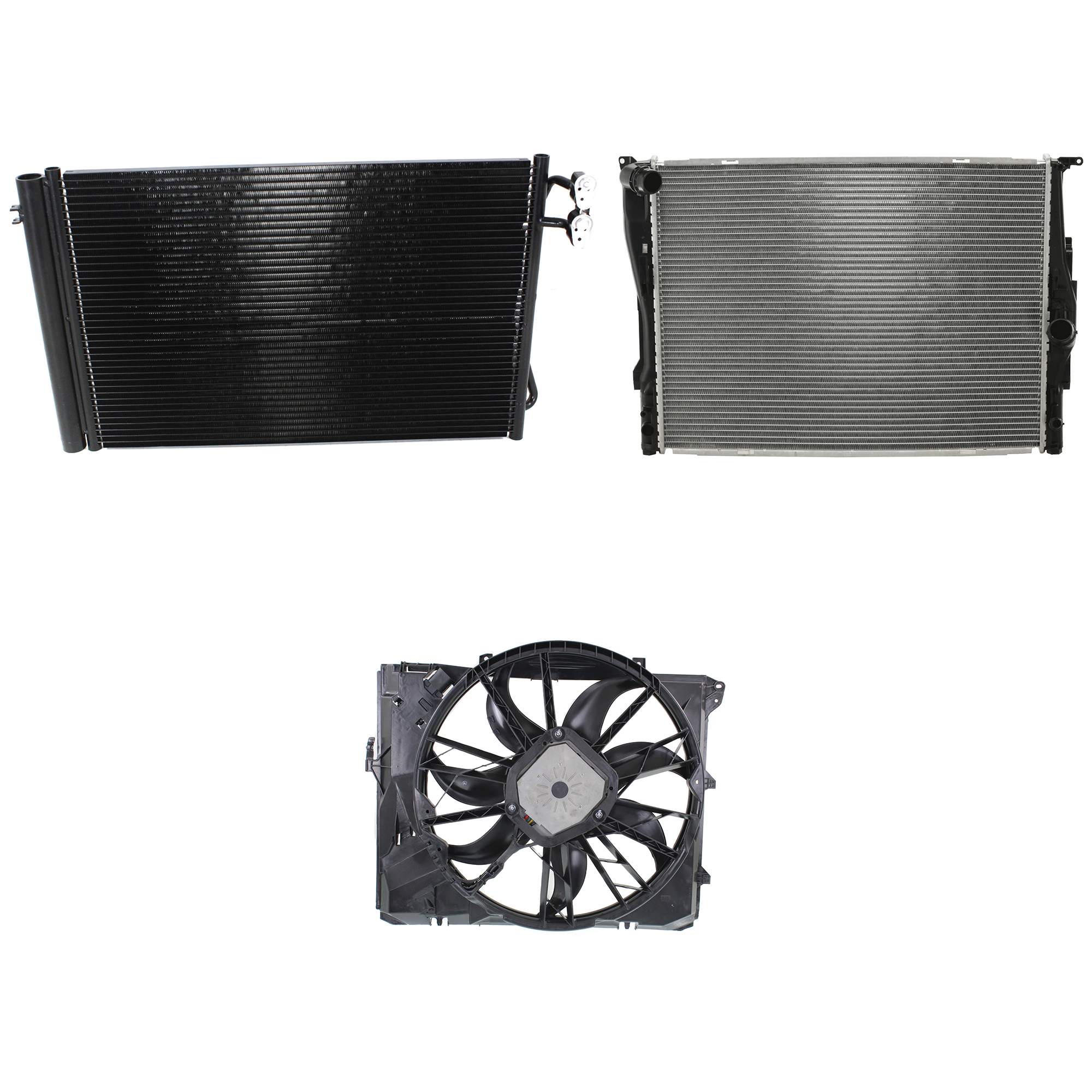 AM 3 SERIES 06-13 A C CONDENSER FAN ASSEMBLY 3.0L Eng. 6 Cyl. 3 pc kit with Cooling Fan Assembly and Radiator SKU KIT 072324-34 Partslink BM3030124 BM3117101 BM3000148 OEM 64539229022-17427562080-171175