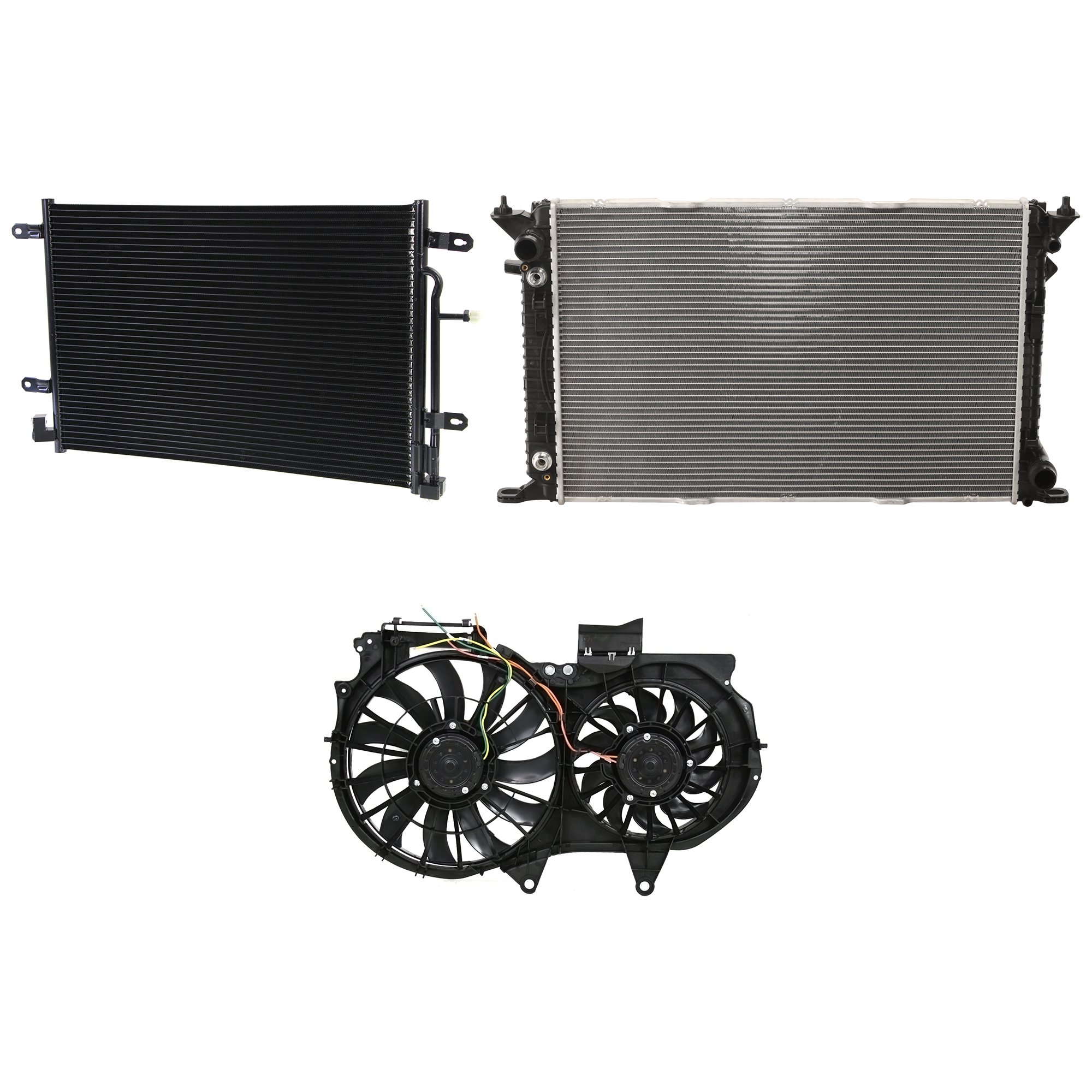 AM A4 QUATTRO 09-09 A C CONDENSER RADIATOR COOLING FAN KIT 3 pc kit 3.2L Eng. 6 Cyl. SKU KIT 072324-41 Partslink AU3030127 AU3115107 AU3010147 OEM 8E0260403T 8E0121207F 8K012125