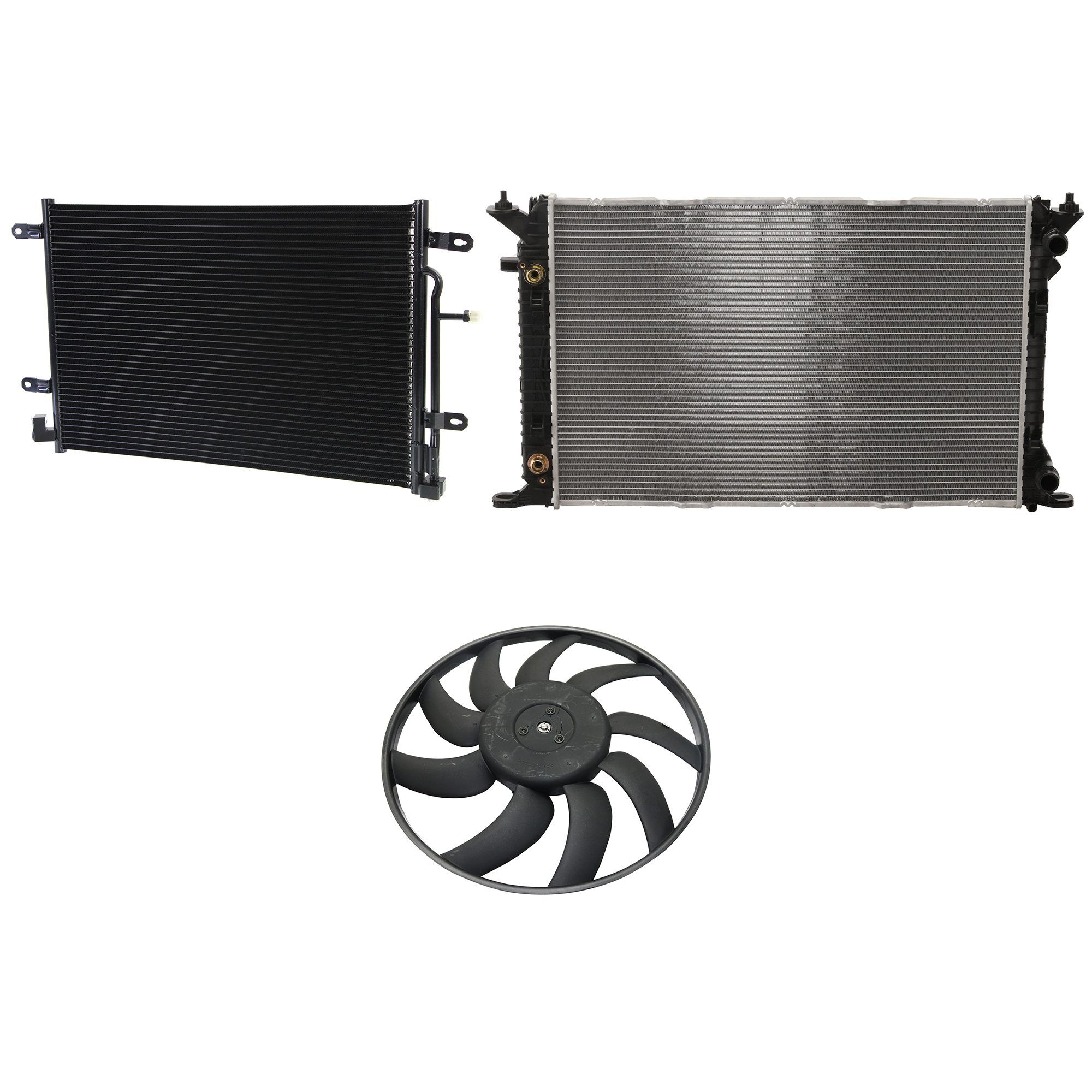 AM A4 A4 QUATTRO 09-09 A C CONDENSER RADIATOR COOLING FAN KIT 3 pc kit 2.0L Eng. 4 Cyl. SKU KIT 072324-45 Partslink AU3030127 AU3010145 OEM 8E0260403T 8K0959455T 8K012125