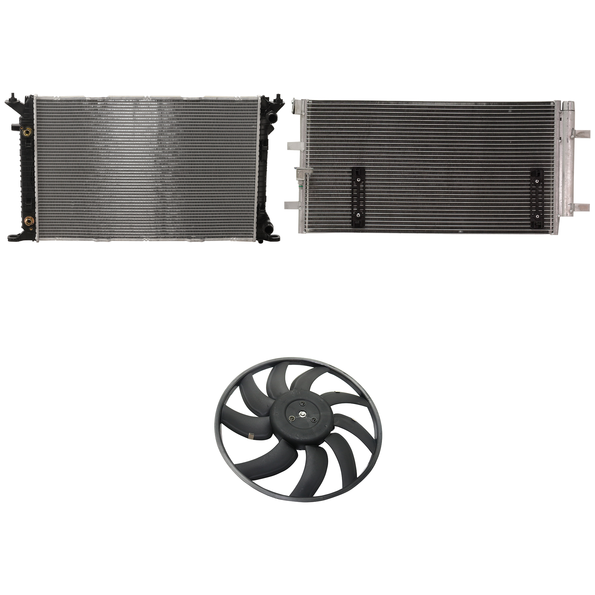 AM A4-09-16 A5-10-12 A C CONDENSER RADIATOR COOLING FAN KIT 3 pc kit 2.0L Eng. 4 Cyl. SKU KIT 072324-71 Partslink AU3030132 AU3010145 OEM 8K0260403AF 8K0959455R 8K01212