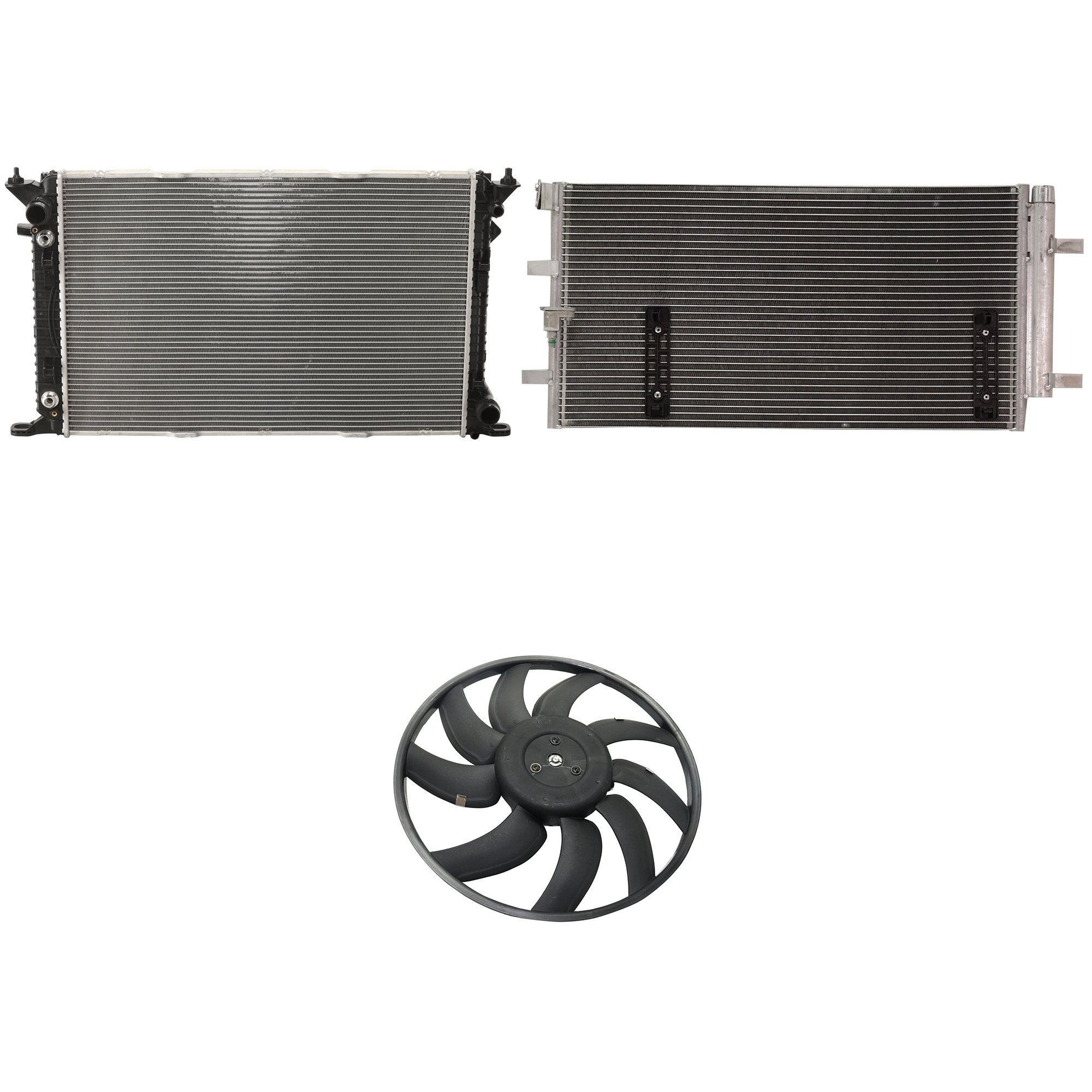 AM A5 QUATTRO 08-10 Q5-09-12 A C CONDENSER RADIATOR COOLING FAN KIT 3 pc kit 3.2L Eng. 6 Cyl. SKU KIT 072324-73 Partslink AU3030132 AU3010147 OEM 8K0260403AF 8K0959455R 8K01212
