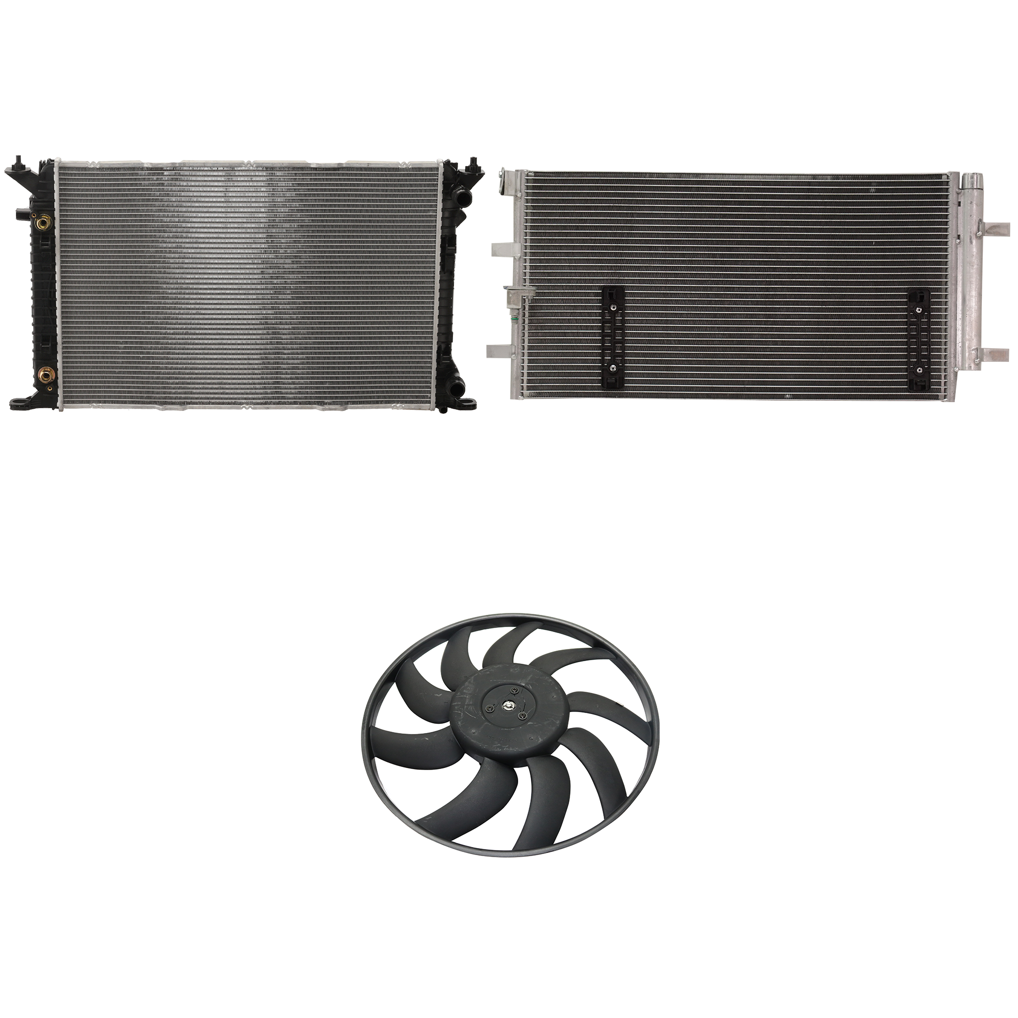 AM A4-09-16 A5-10-12 A C CONDENSER RADIATOR COOLING FAN KIT 3 pc kit 2.0L Eng. 4 Cyl. SKU KIT 072324-75 Partslink AU3030132 AU3010145 OEM 8K0260403AF 8K0959455T 8K01212