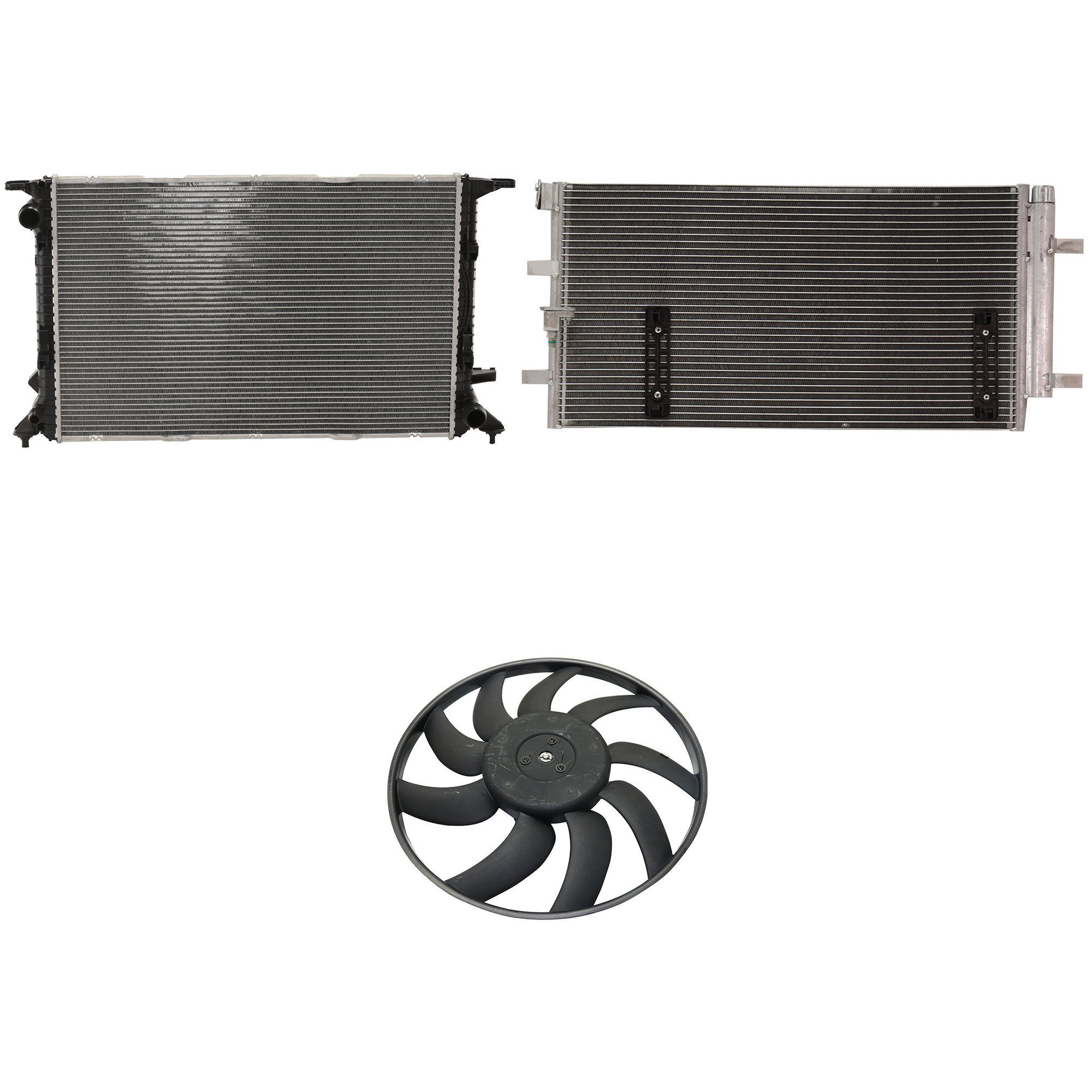 AM A5 QUATTRO 08-10 A C CONDENSER RADIATOR COOLING FAN KIT 3 pc kit 3.2L Eng. 6 Cyl. SKU KIT 072324-76 Partslink AU3030132 AU3010148 OEM 8K0260403AF 8K0959455T 8K01212
