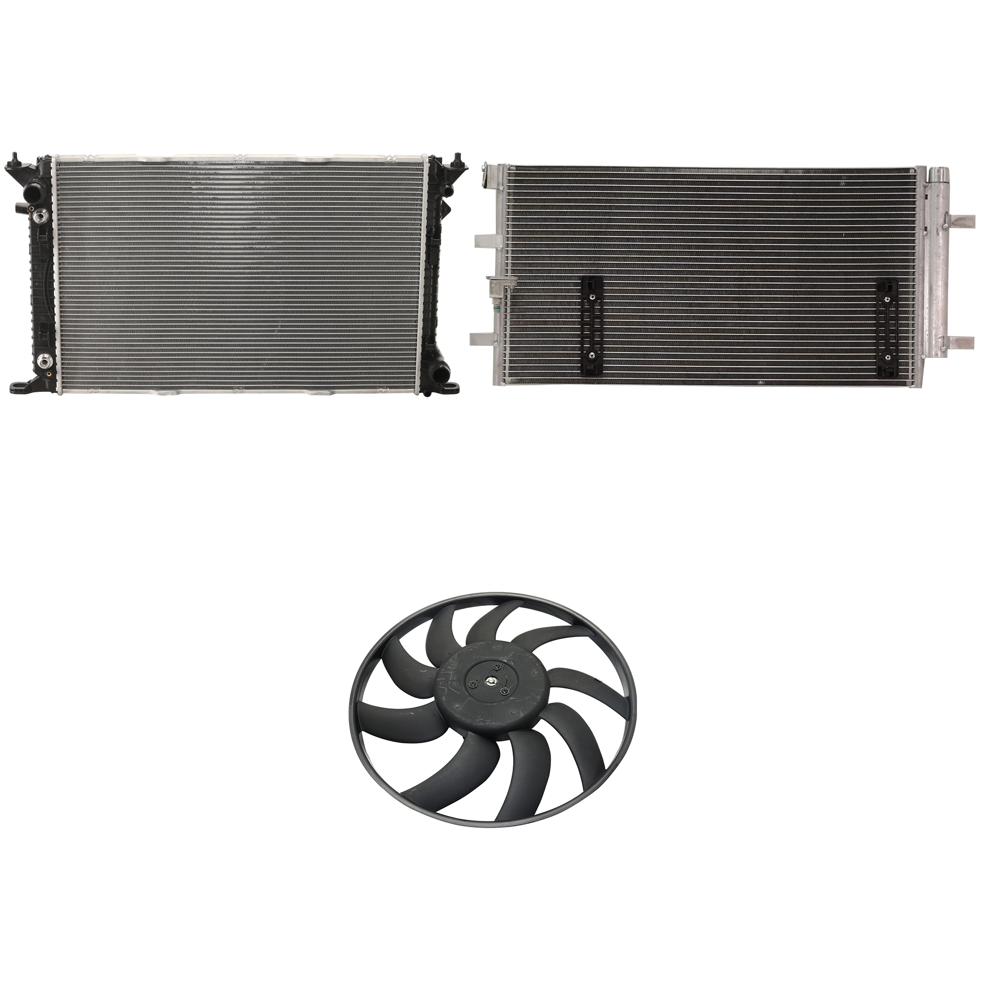 AM A5 QUATTRO 08-10 Q5-09-12 A C CONDENSER RADIATOR COOLING FAN KIT 3 pc kit 3.2L Eng. 6 Cyl. SKU KIT 072324-77 Partslink AU3030132 AU3010147 OEM 8K0260403AF 8K0959455T 8K01212
