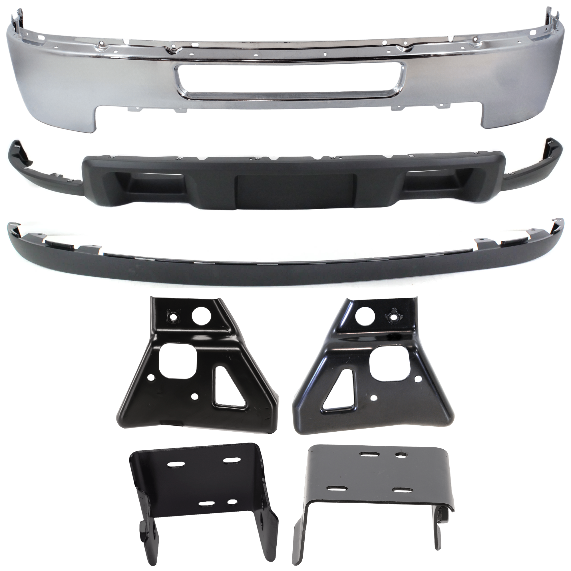 AM SILVERADO 2500-3500 HD FRONT BUMPER 7 pc kit Chrome w Valance and Bumper Bracket SKU KIT 072324 C101 Partslink GM1002838 GM1063101 GM1062101 GM1063100 GM1062100 GM1095195 GM1092213 OEM 25832522-25883348-25883347-258