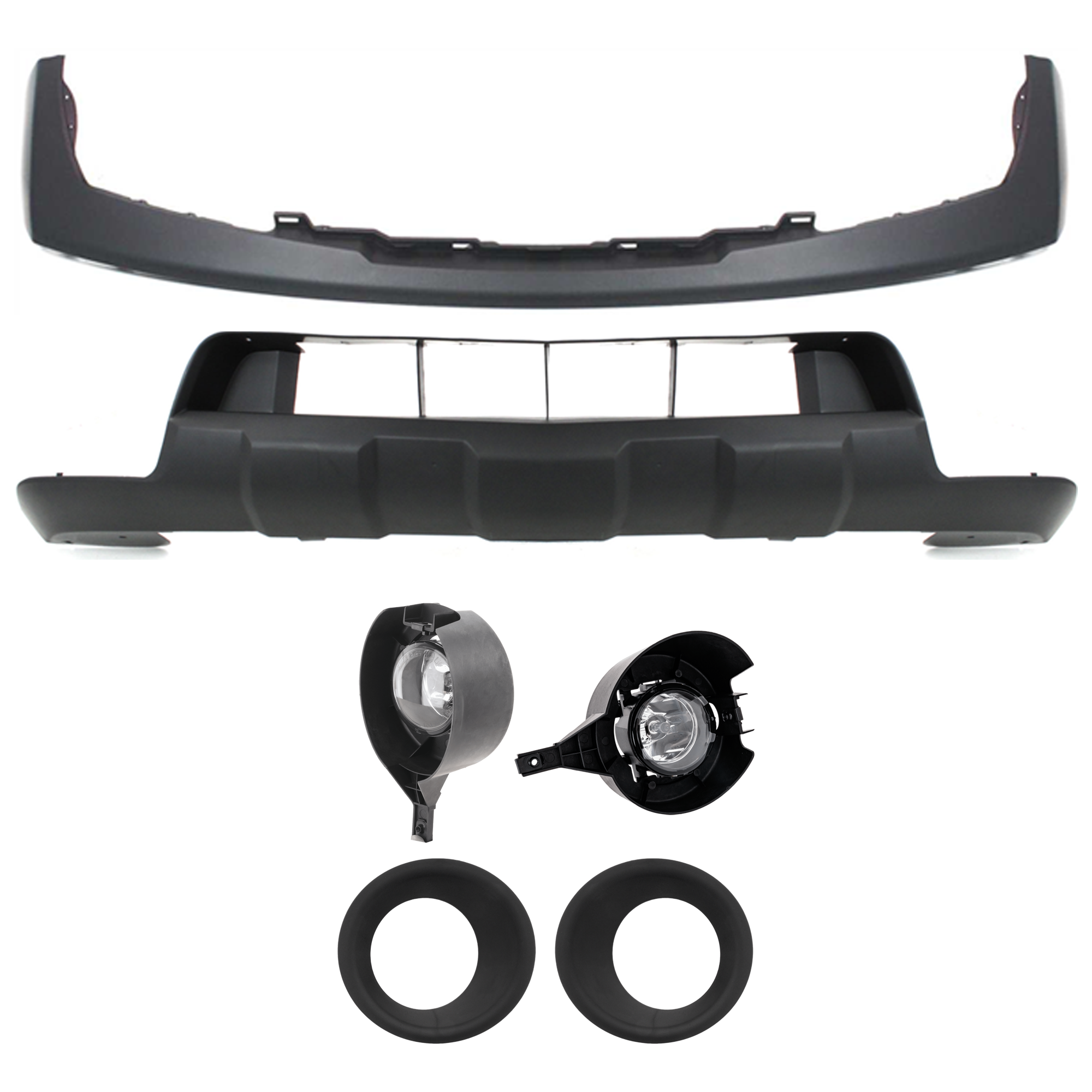 AM FRONTIER 05-08 FRONT BUMPER FILLER Primed Steel 6 pc Kit with Fog Light Fog Light Trim and Valance SKU KIT 072324 C131 Partslink NI1000224 NI2592121 NI2593121 NI1039117 NI1038117 NI1015100 OEM 62025EA800-26155EA825-26150EA8