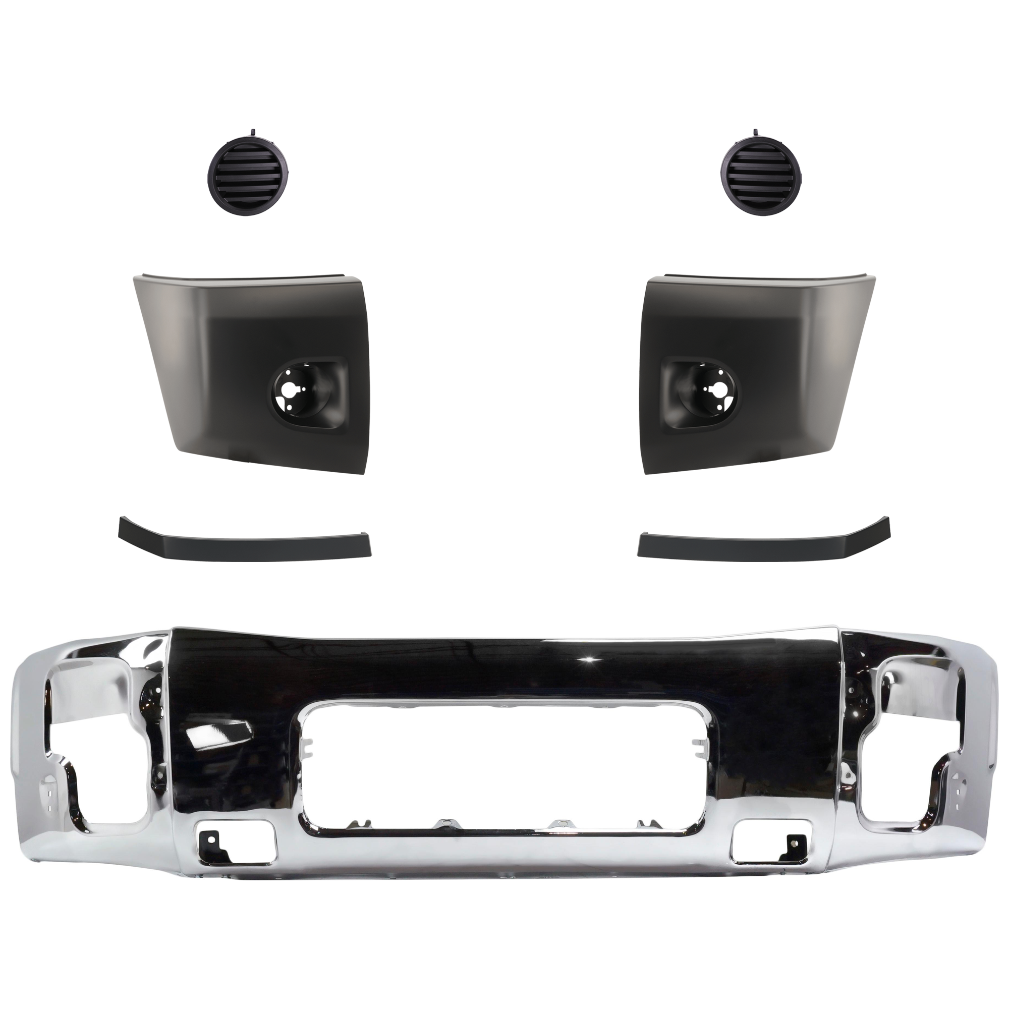 AM TITAN 08-15 FRONT BUMPER 6 pc. Kit w Bumper End Bumper Trim and Fog Light Cover SKU KIT 072324 C135 Partslink NI1002136 NI1005148 NI1004148 NI1089106 NI1088106 NI1038108 OEM 62022ZR08A 62024ZR00A 62025ZR0