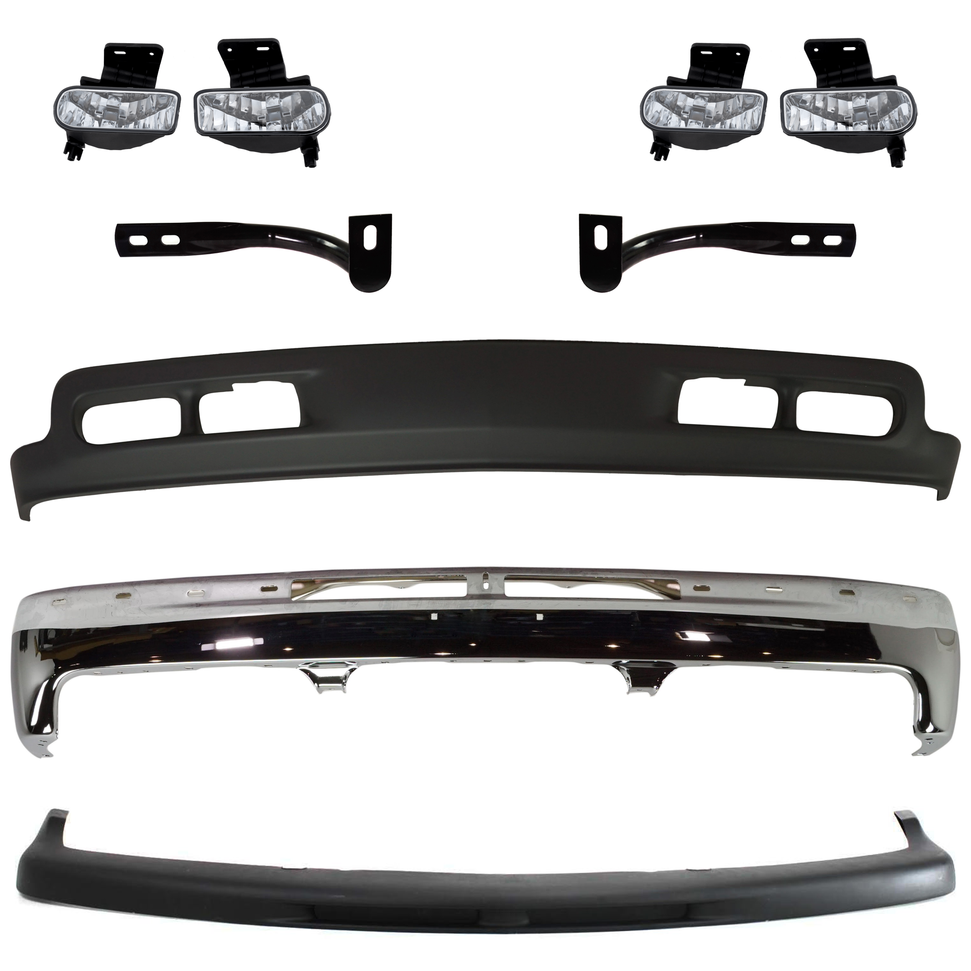 AM SILVERADO 01-02 TAHOE 00-06 FRONT BUMPER 6 pc kit Chrome w Bumper Bracket Bumper Trim Fog Light and Valance SKU KIT 072324 C156 Partslink GM1002376 GM1067129 GM1066129 GM1051103 GM2593113 GM2592113 GM1092167 OEM 12336026-15705658-15705657-150