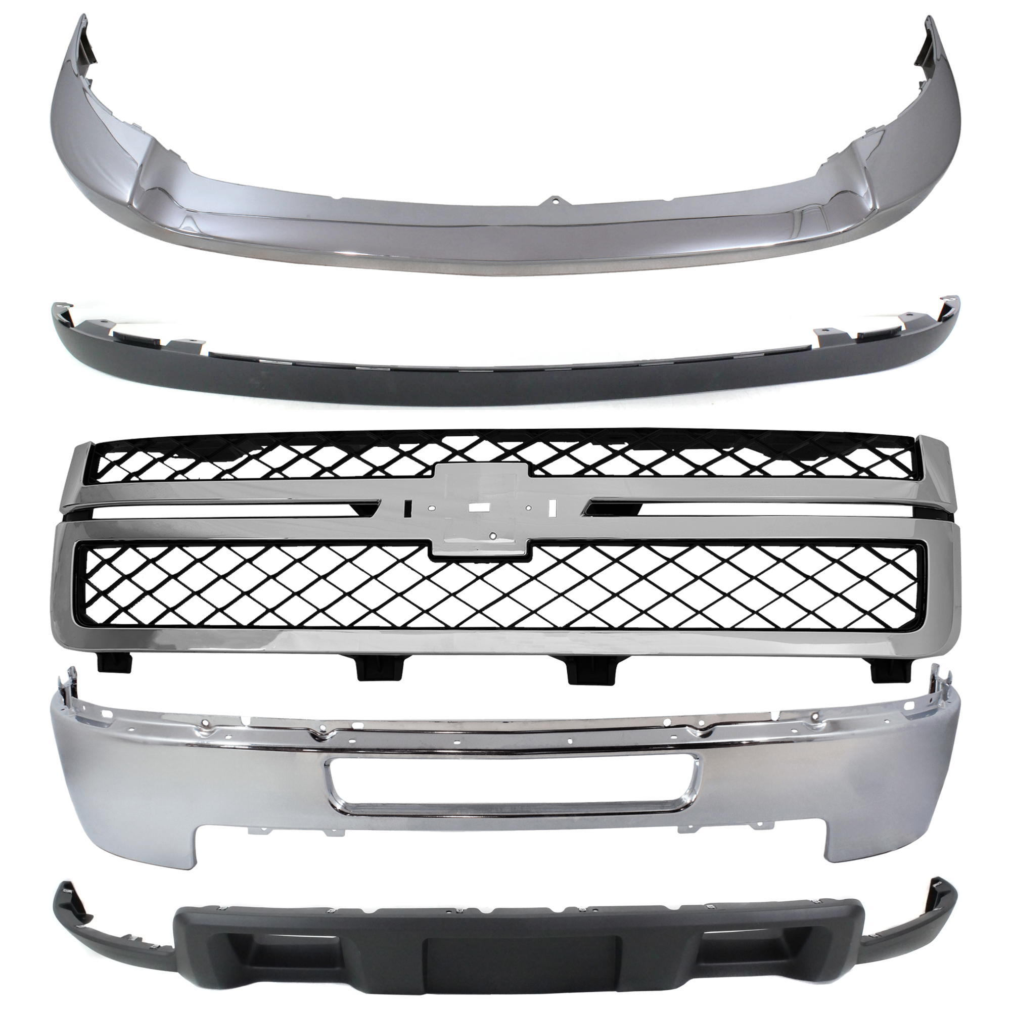AM SILVERADO 2500 HD 3500 HD 11-14 FRONT BUMPER 5 pc kit Chrome Impact Bar w o Fog Light Holes with Bumper Trim Grille Assembly and Valance SKU KIT 072324 C313 Partslink GM1002838 GM1014106 GM1200639 GM1095195 GM1092213 OEM 25832522-25883355-20966058-208