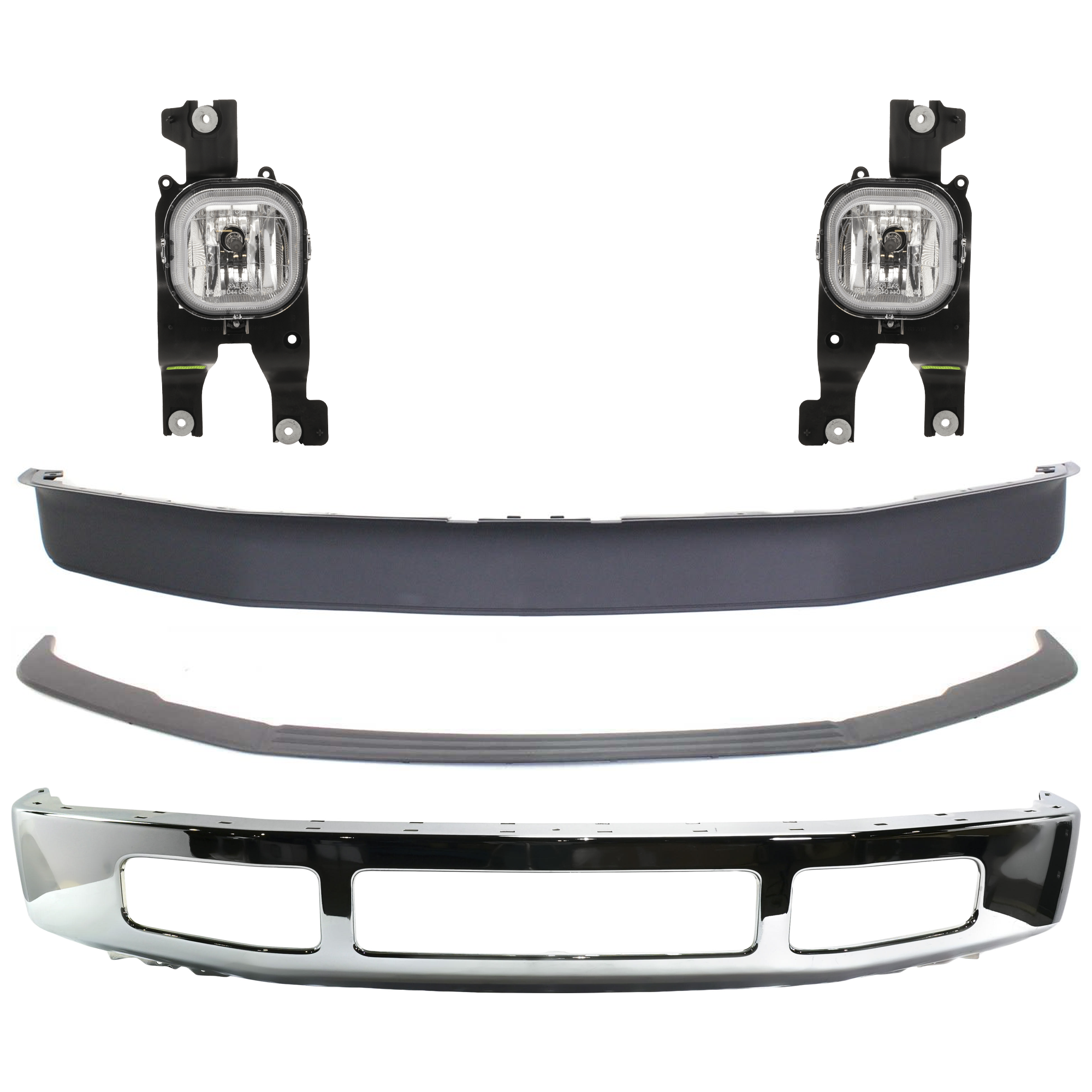 AM SILVERADO 2500 HD 3500 HD 08-10 FRONT BUMPER 5 pc kit Chrome w Valance Bumper Trim and Fog Light SKU KIT 072324 C323 Partslink FO1002406 FO1044103 FO1093116 OEM 8C3Z17757B 8C3Z17K833AA 7C3Z15