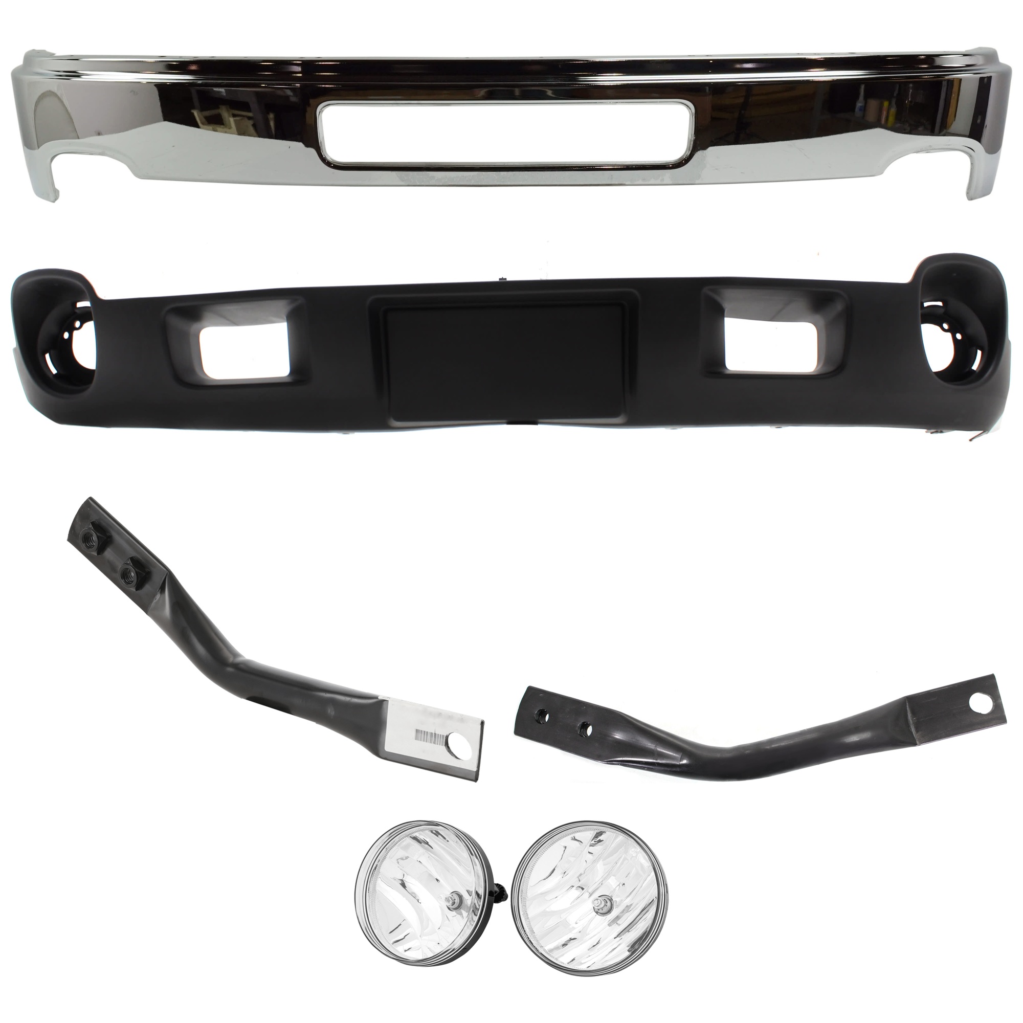 AM SIERRA 2500-3500 HD 11-14 FRONT BUMPER 6 pc kit Chrome Valance Fog Light and Bumper Bracket SKU KIT 072324 C346 Partslink GM1002839 GM1063106 GM1062106 GM2593161 GM2592161 GM1092216 OEM 25998989-25848059-25848058-258