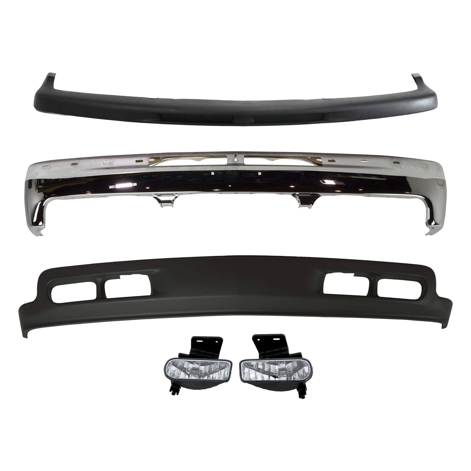 AM SILVERADO 1500-99-02 SUBURBAN 1500-00-04 TAHOE 00-06 FRONT BUMPER 5 pc kit Chrome with Valance Bumper Trim and Fog Light SKU KIT 072324 C389 Partslink GM1002376 GM1051103 GM2593113 GM2592113 GM1092167 OEM 12336026-15050703-19433556-103