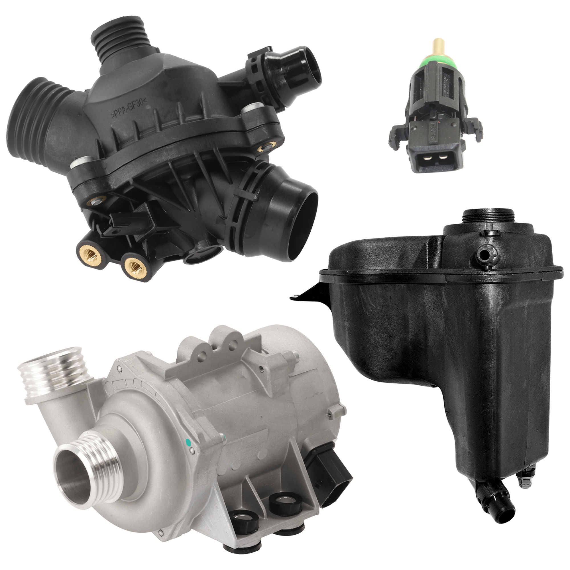 AM 3 SERIES 06-12 WATER PUMP 6 cyl 3.0L Eng. 4 pc kit SKU KIT 072324 C430 Partslink BM3014110 OEM 11517586925-11517586924-115175