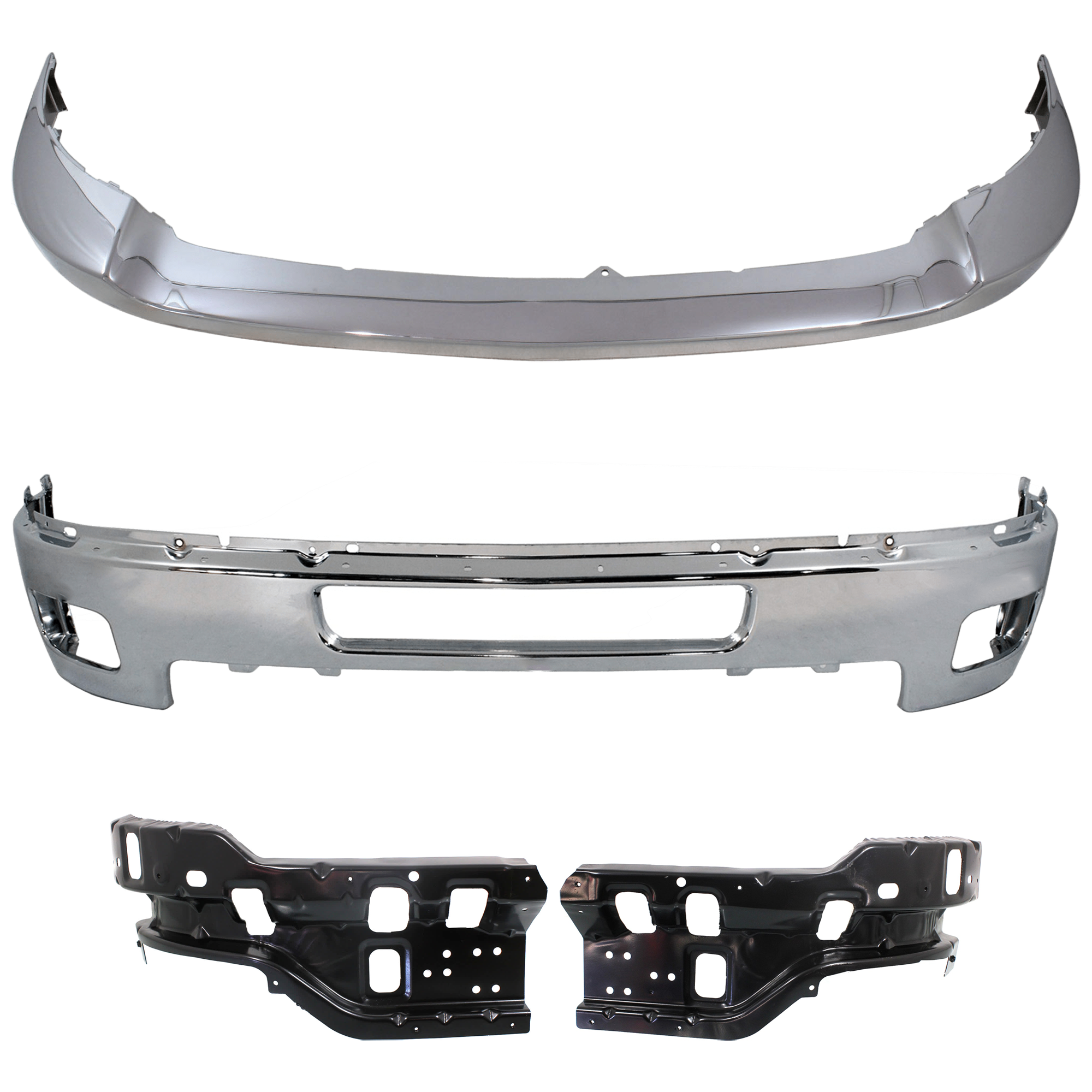 AM SILVERADO 2500-3500 HD 11-14 FRONT BUMPER 4 pc kit Chrome w Bumper Trim and Bumper Bracket SKU KIT 072324 C437 Partslink GM1002837 GM1066193 GM1067193 GM1014106 OEM 25883349-25883351-25883350-258