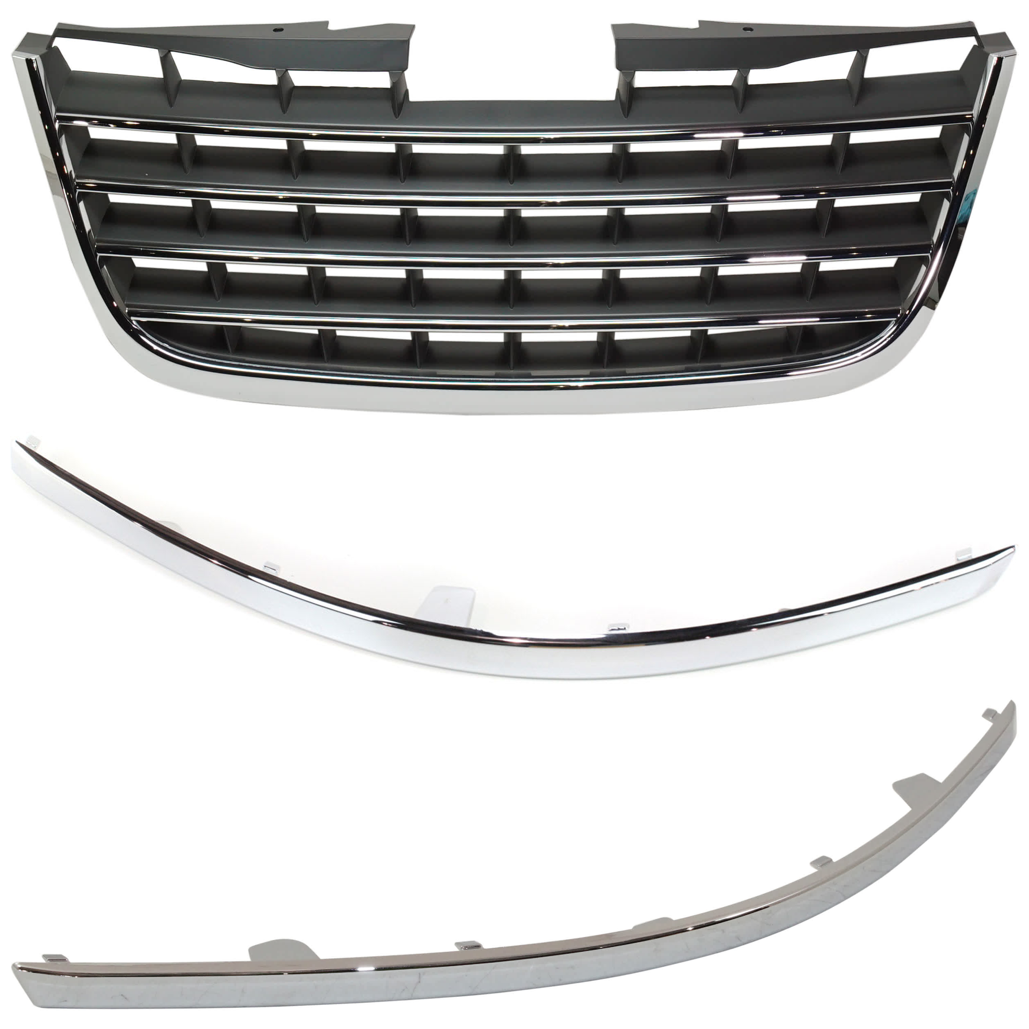 AM TOWN AND COUNTRY 08-10 FRONT BUMPER MOLDING RH AND LH Chrome 3 pc Kit with Grille Assembly SKU KIT 072324 C530 Partslink CH1046102 CH1047102 CH1200309 OEM 5113148AA 5113149AA 5113228AA