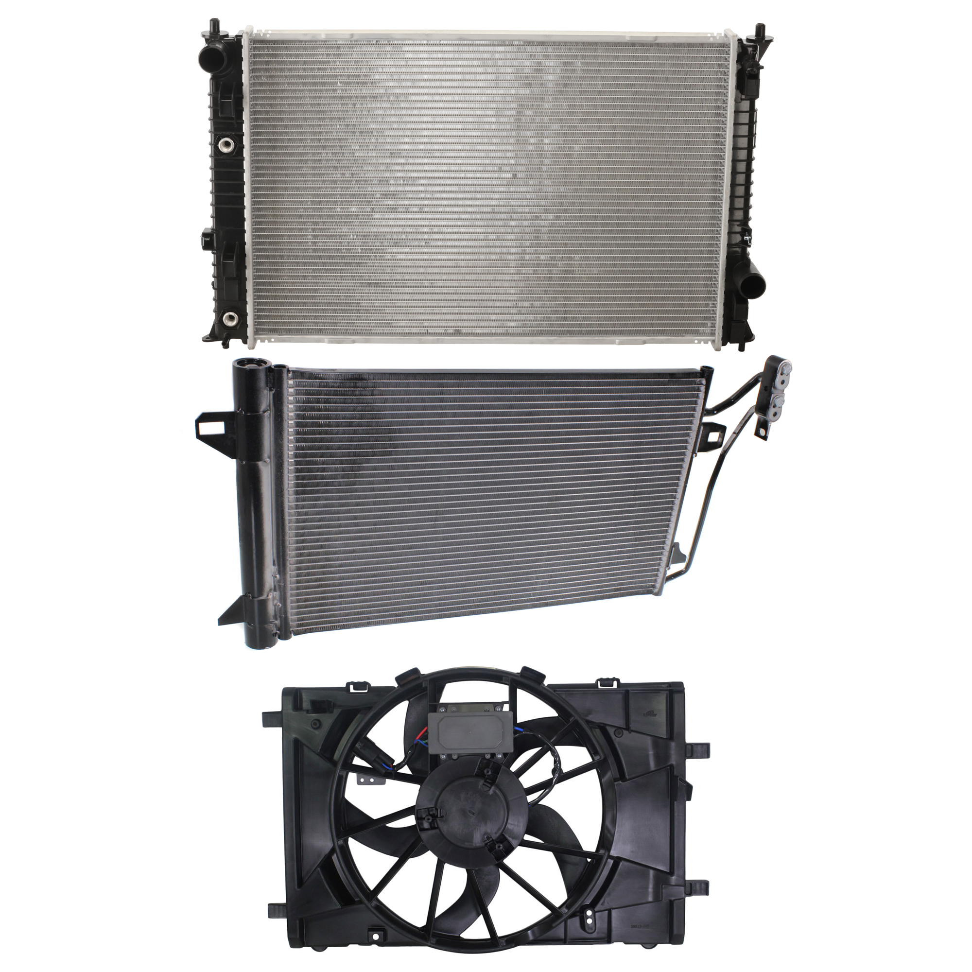 AM FUSION 10-12 MILAN 10-11 RADIATOR FAN ASSEMBLY 3 pc Kit Single fan with A C Condenser Radiator and Radiator Fan SKU KIT 072324 C547 Partslink FO3115183 FO3030223 FO3010289 OEM 9E5Z19712A BE5Z8005F BE5Z8C607