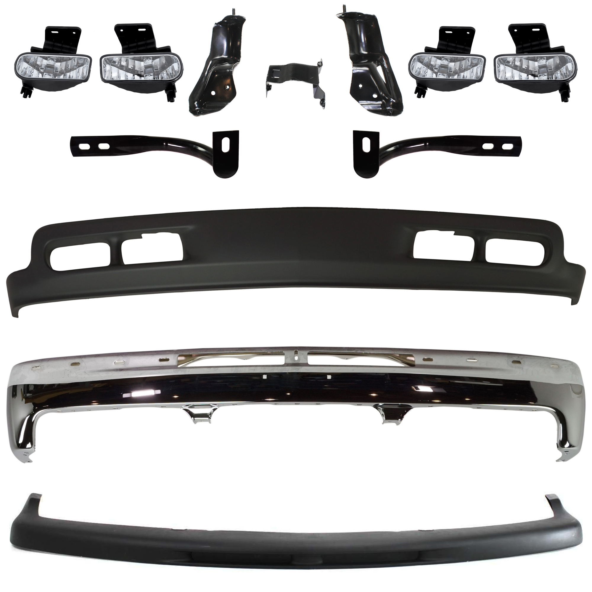 AM SILVERADO 1500-99-02 SUBURBAN 1500-00-04 TAHOE 00-06 FRONT BUMPER 10 pc kit Chrome SKU KIT 072324 C55 Partslink GM1002376 GM1067129 GM1066129 GM1061102 GM1051103 GM2593113 GM2592113 GM1092167 OEM 12336026-15705658-15705657 Per