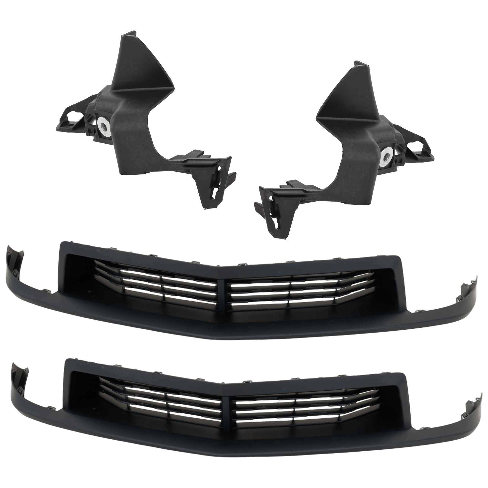 AM CAMARO 12-15 FRONT BUMPER GRILLE Textured Black 4 pc Kit with Bumper Bracket SKU KIT 072324 C628 Partslink GM1036141 GM1043115 GM1042115 OEM 22894223-92243318-92243317
