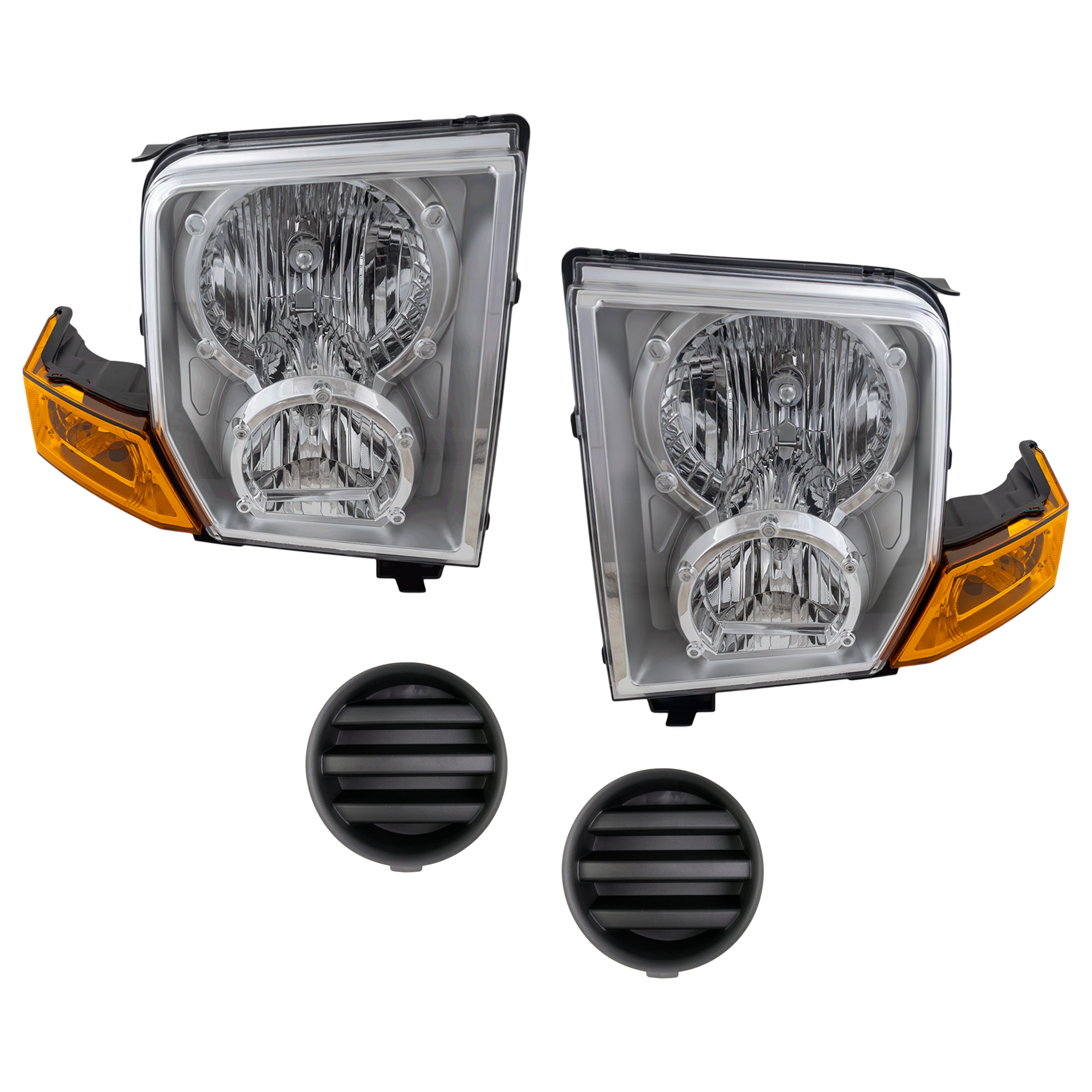 AM COMMANDER 06-10 HEAD LAMP RH AND LH 4 pc Kit with Fog Light Cover SKU KIT 072324 C684 Partslink CH2518117 CH2519117 CH1038112 OEM 55396536AI 55396537AI 5183440A