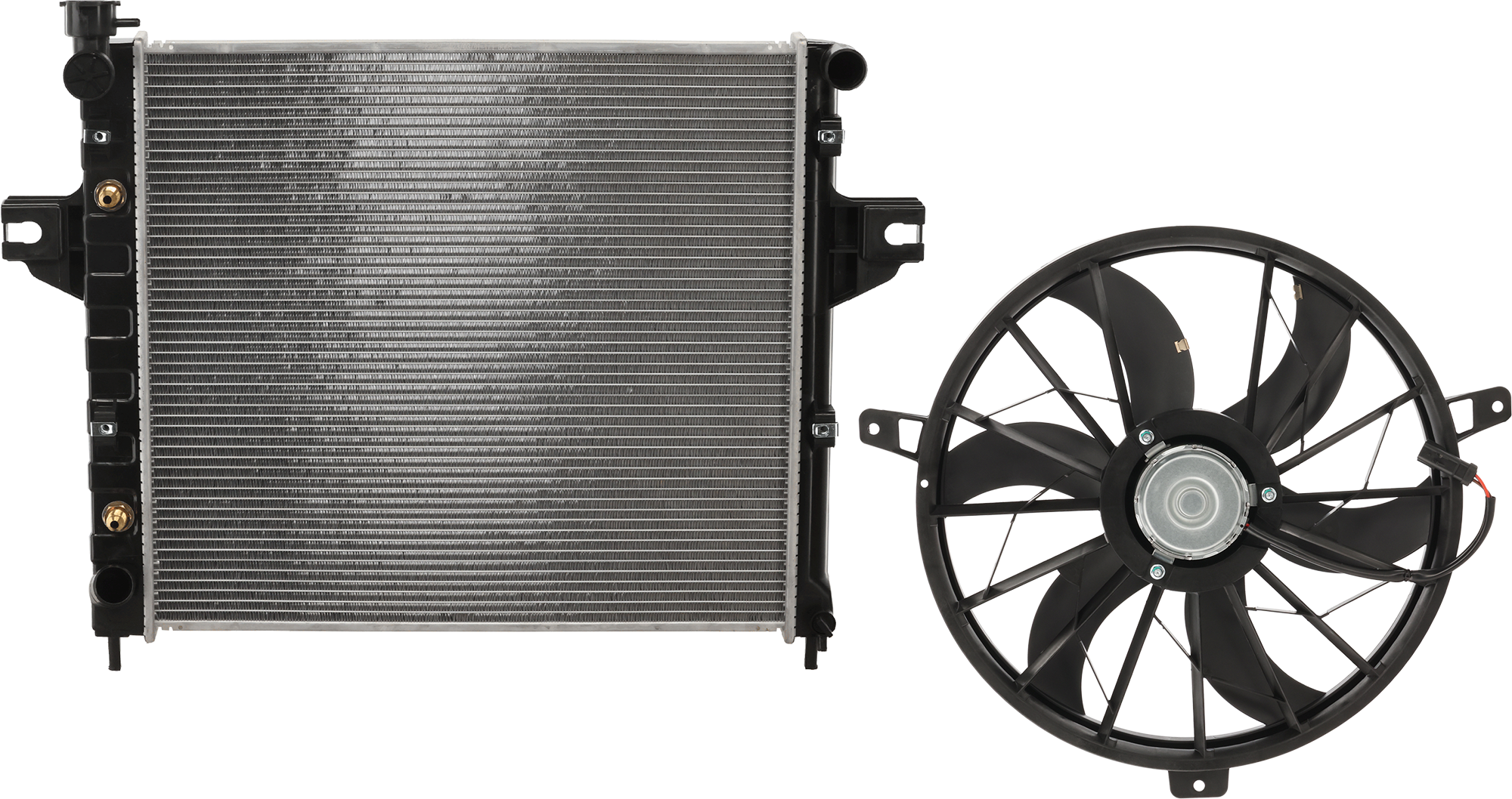 AM GRAND CHEROKEE 99-03 RADIATOR 2 pc kit 6 cyl. 4.0L Engine SKU KIT 072324 C730 Partslink CH3010198 CH3116115 OEM 52079428AD 52079528AB