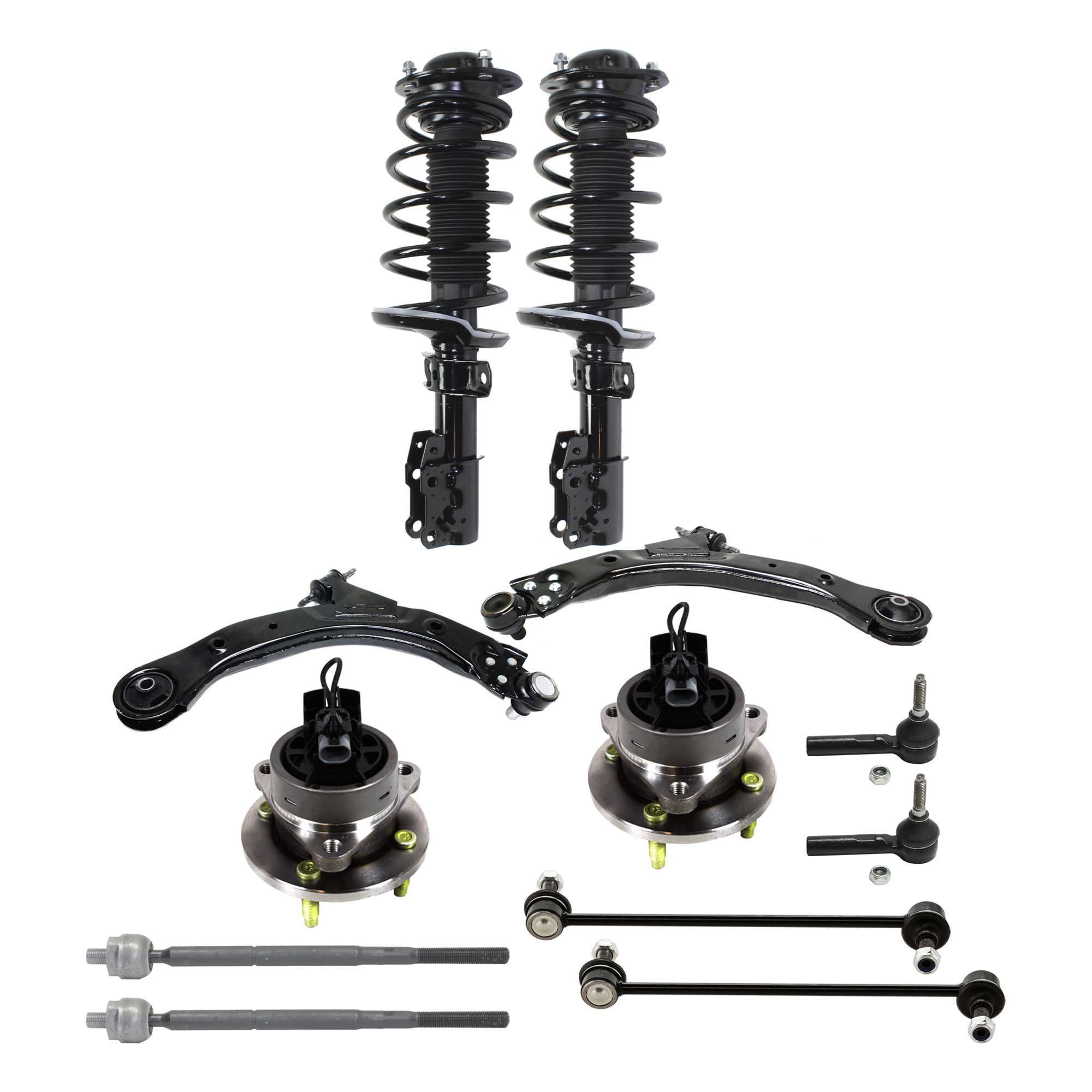 AM COBALT 05-10 FRONT SUSPENSION KIT RH AND LH 12 pc Kit with Shock Absorber and Strut Assembly Control Arm Wheel Hub Sway Bar Link and Tie Rod End SKU KIT 072324 C73 OEM 25984681-25984680-10368516-889