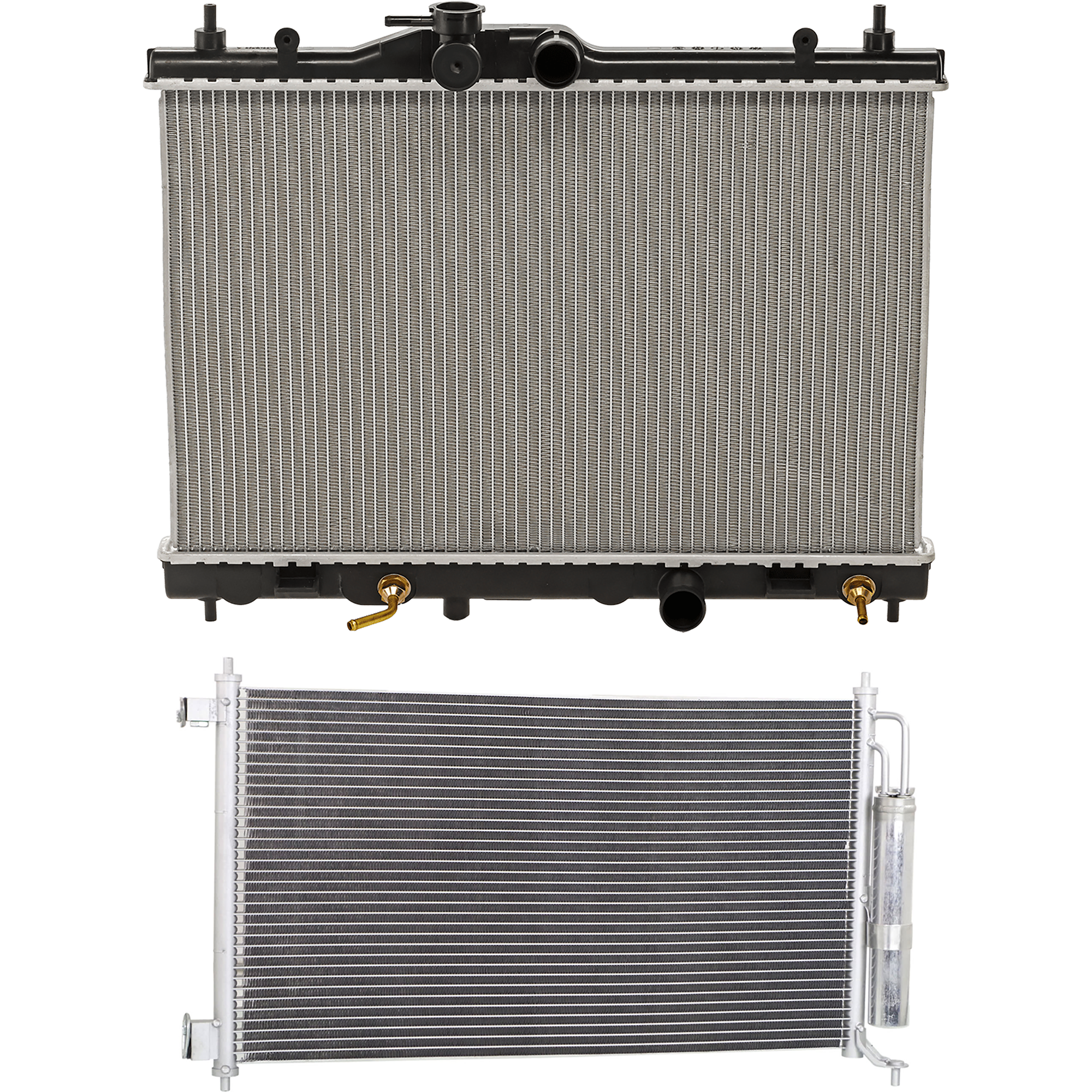 AM VERSA 07-12 RADIATOR 2 pc kit 4 cyl. 1.8L Engine SKU KIT 072324 C744 Partslink NI3010218 NI3030163 OEM 21460ZW40A 92100ZW40D