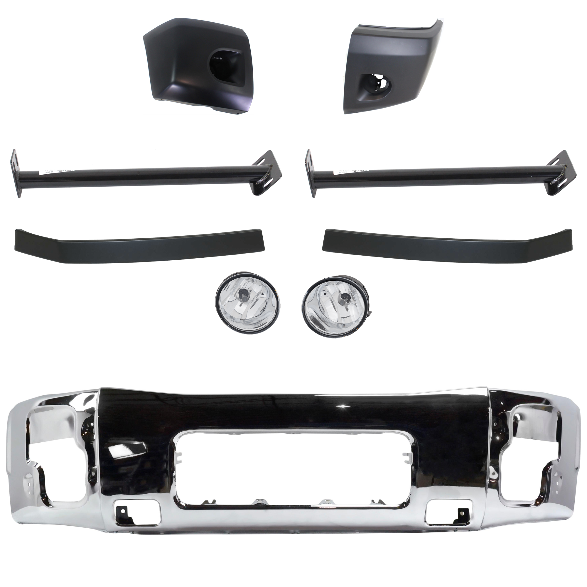 AM TITAN 08-15 FRONT BUMPER 8 pc. Kit w Bumper Bracket Bumper End Bumper Trim and Fog Light SKU KIT 072324 C79 Partslink NI1002136 NI1032105 NI1005148 NI1004148 NI1089106 NI1088106 NI2592119 NI2593119 OEM 62022ZR08A 62222ZR00A 62024ZR0