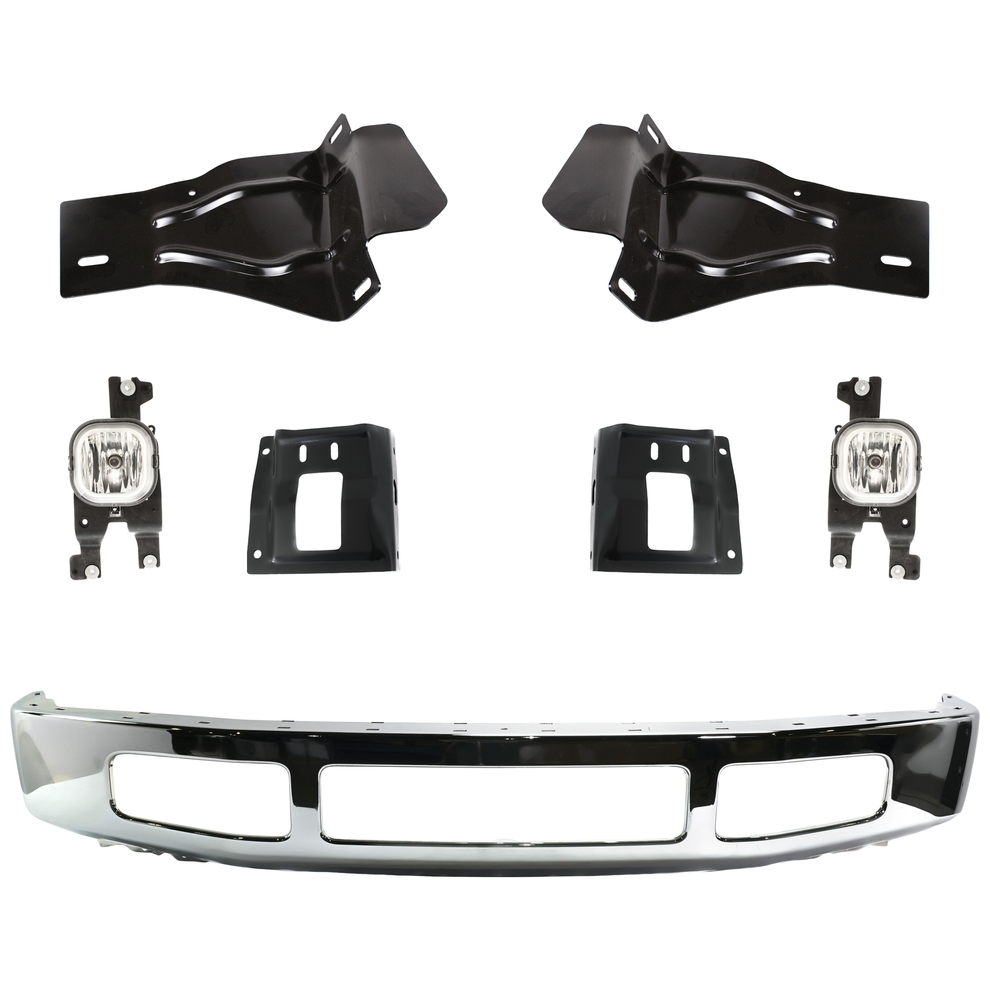AM F 250 F 350 SUPER DUTY 08-10 FRONT BUMPER 7 pc kit Chrome w Fog Light and Bumper Bracket SKU KIT 072324 C80 Partslink FO1002406 FO1066174 FO1067174 FO1066173 FO1067173 OEM 8C3Z17757B 8C3Z17B837A 8C3Z17B