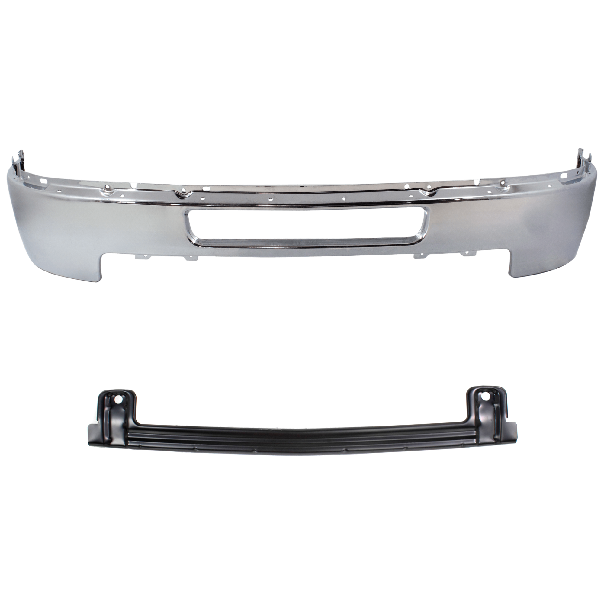AM SILVERADO 2500-3500 HD 11-14 FRONT BUMPER 2 pc kit Chrome w Bumper Reinforcement SKU KIT 072324 C820 Partslink GM1002838 GM1006676 OEM 25832522-25996794