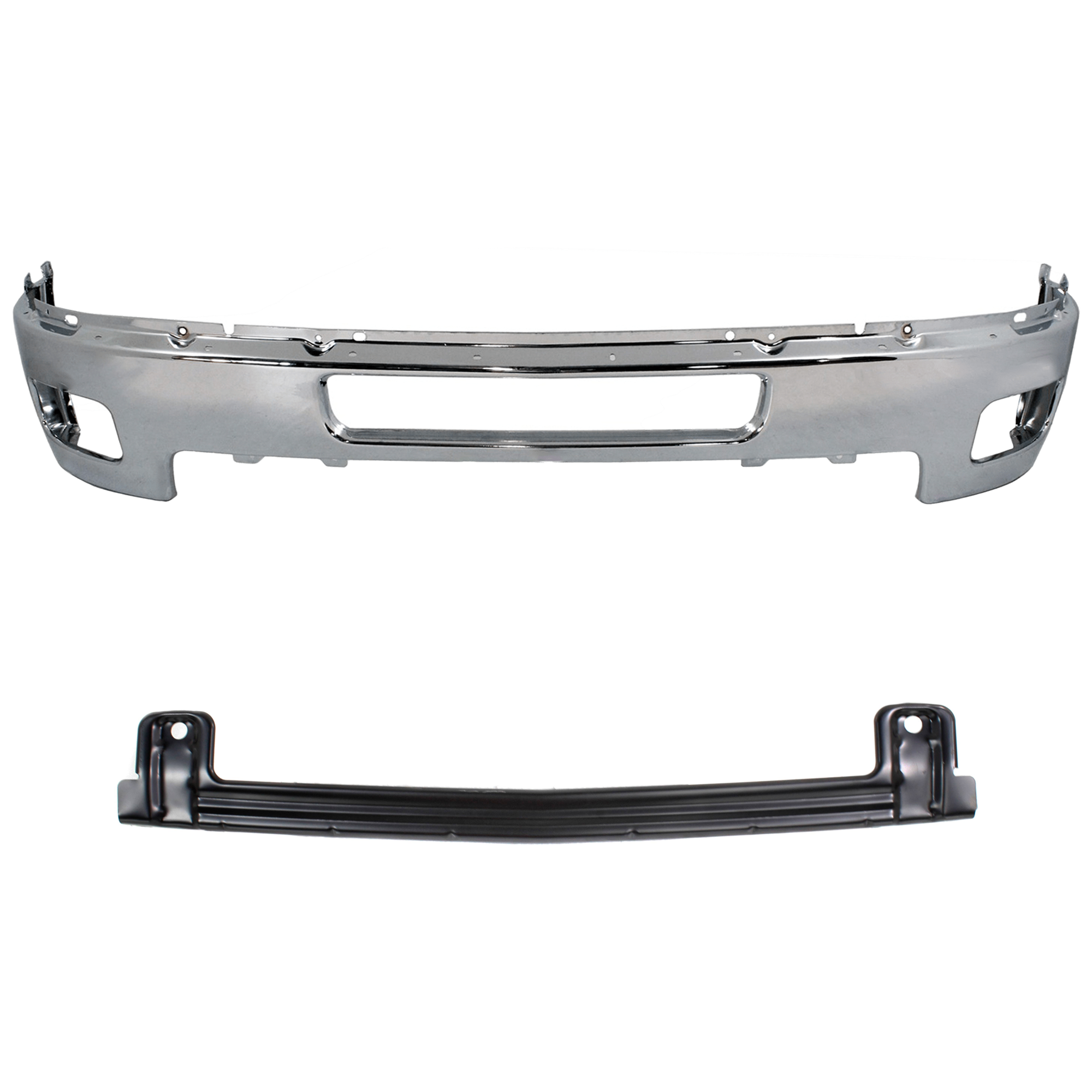 AM SILVERADO 2500-3500 HD 11-14 FRONT BUMPER 2 pc kit Chrome w Bumper Reinforcement SKU KIT 072324 C821 Partslink GM1002837 GM1006676 OEM 25883349-25996794
