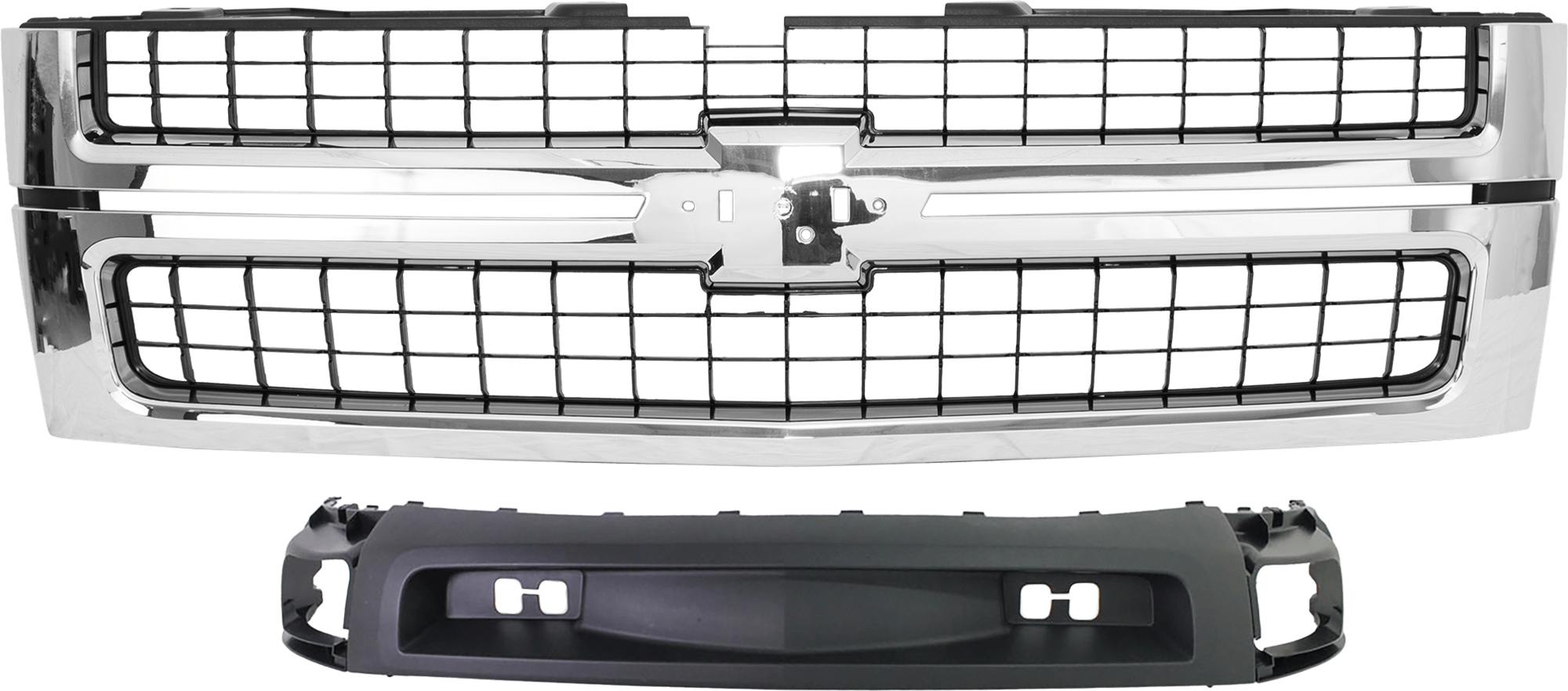 AM SILVERADO 2500 HD 3500 HD 07-10 GRILLE 2 pc Kit Plastic Chrome Shell Black Insert Excludes 2007 Classic SKU KIT 072324 C827 Partslink GM1200608 GM1092202 OEM 25825521-15915505