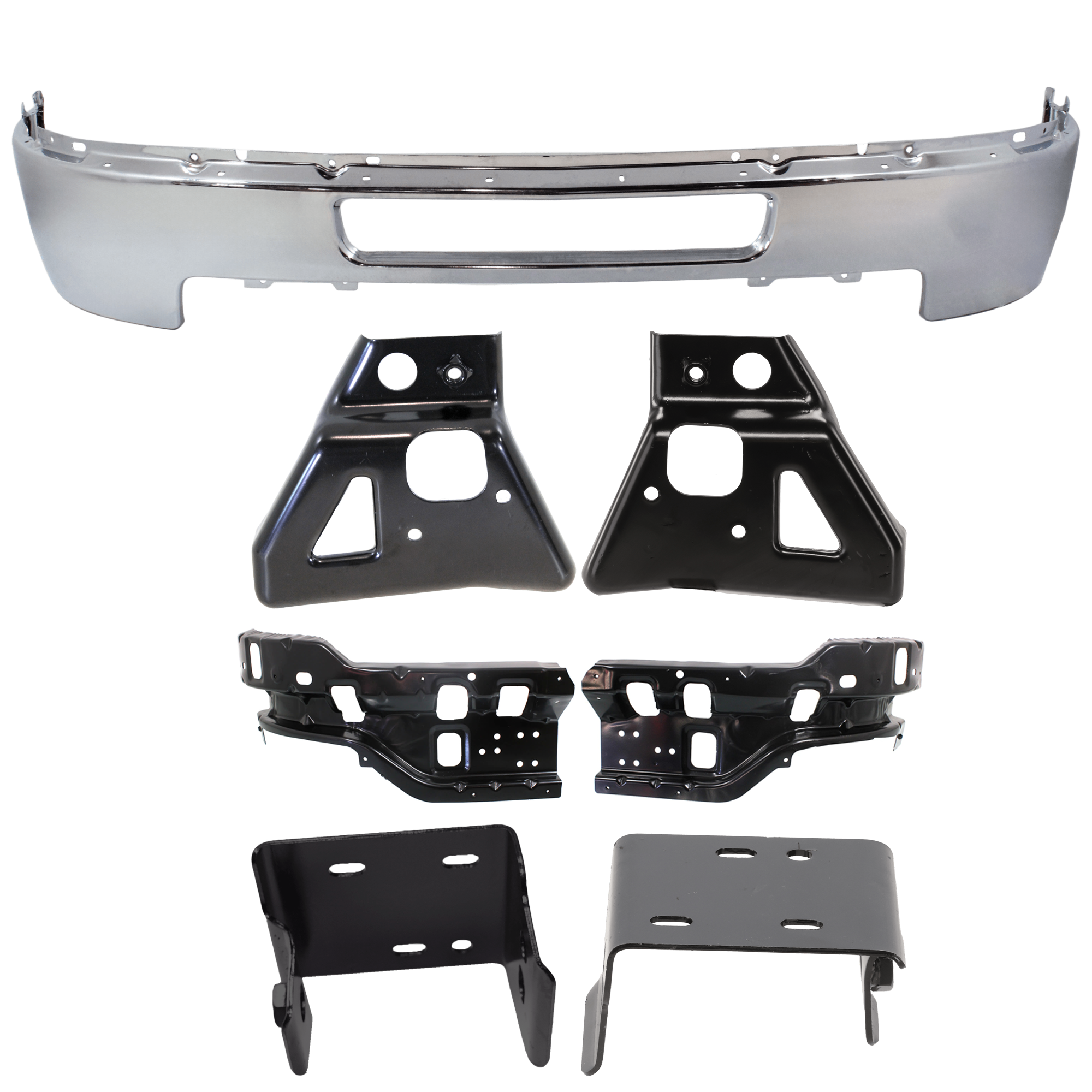 AM SILVERADO 2500-3500 HD FRONT BUMPER 7 pc kit Chrome w Bumper Bracket SKU KIT 072324 C98 Partslink GM1002838 GM1063101 GM1062101 GM1063100 GM1062100 GM1066193 GM1067193 OEM 25832522-25883348-25883347-258