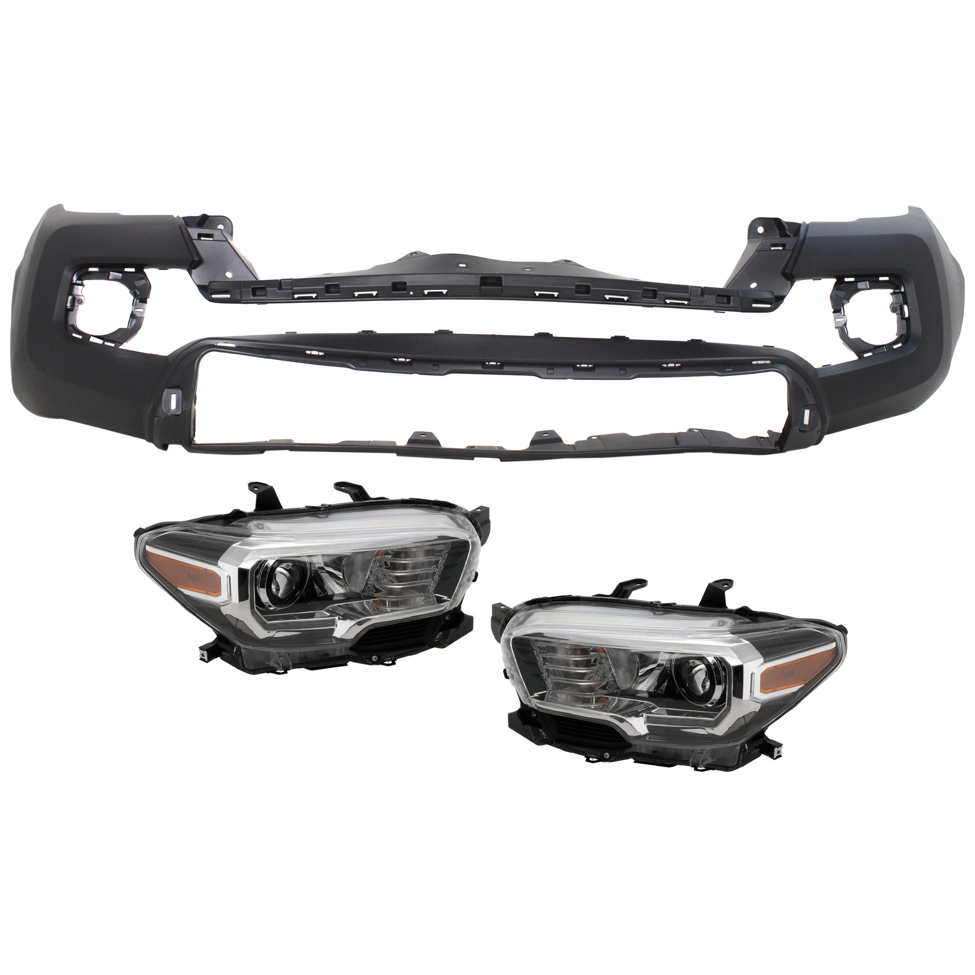 AM TACOMA 19-23 HEAD LAMP RH AND LH 3 pc Kit Assembly Halogen with Bumper Cover SKU KIT 072326-08 Partslink TO2502276 TO2503244 TO1000414 OEM 8111004270-8115004262-52119049