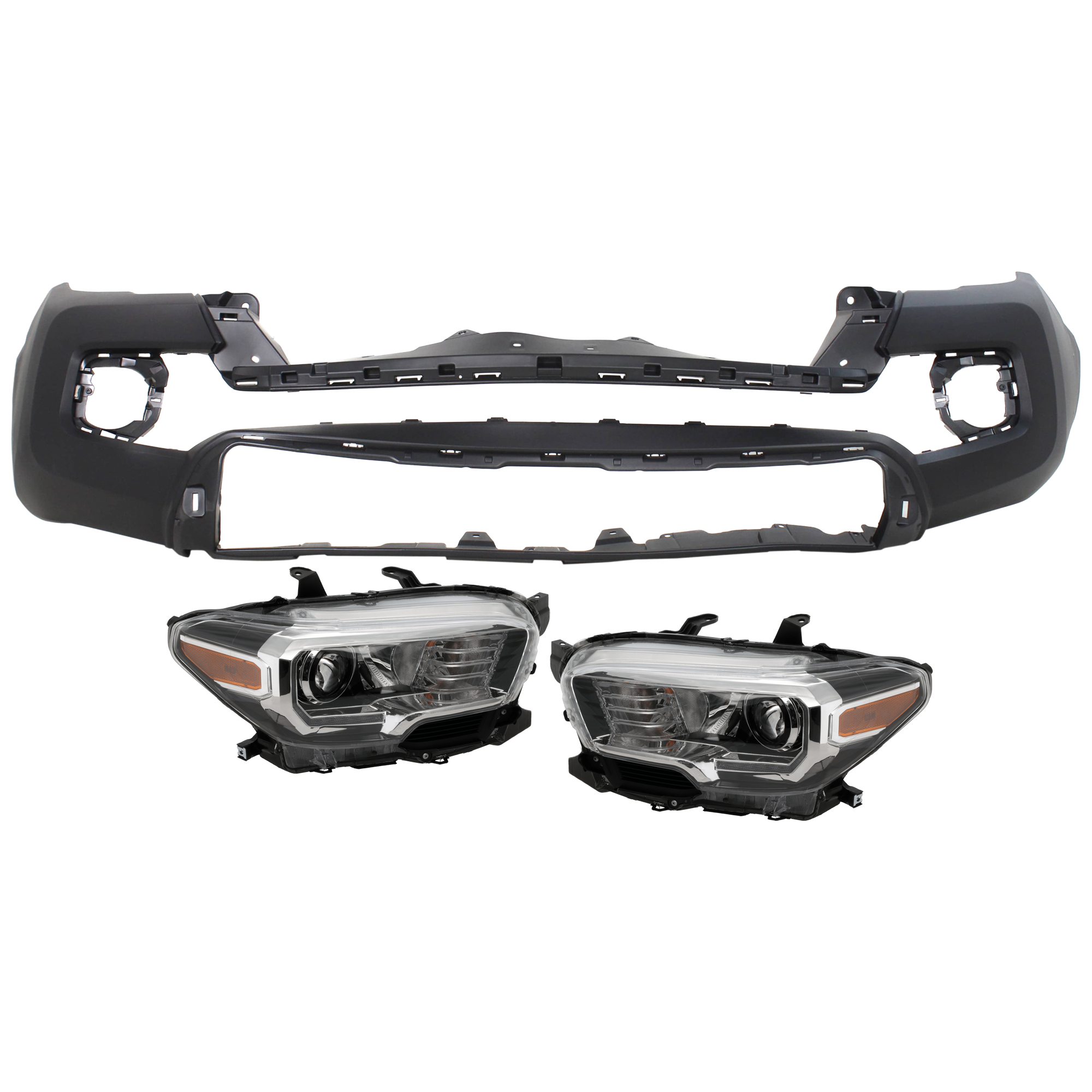 AM TACOMA 16-23 HEAD LAMP RH AND LH 3 pc Kit Assembly Halogen with Bumper Cover SKU KIT 072326-12 Partslink TO2502244 TO2503244 TO1000414 OEM 8111004270-8115004270-52119049