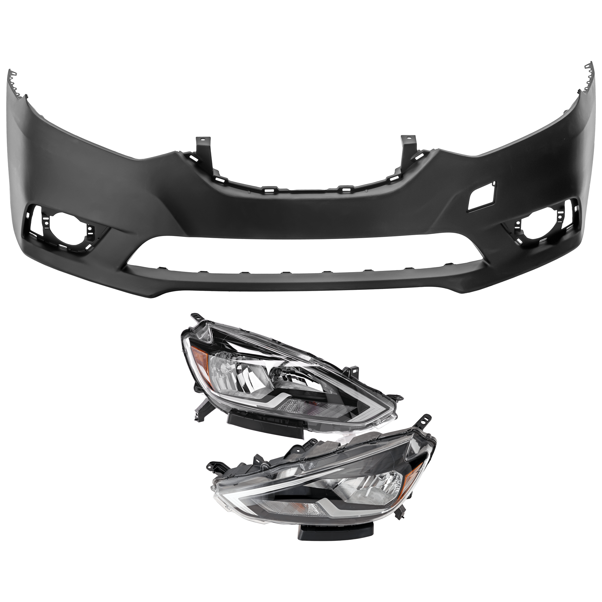 AM SENTRA 16-19 HEAD LAMP RH AND LH 3 pc Kit Assembly Halogen with Bumper Cover SKU KIT 072326-20 Partslink NI2502244 NI2503244 NI1000313 OEM 260103YU0A 260603YU0A 620223YU