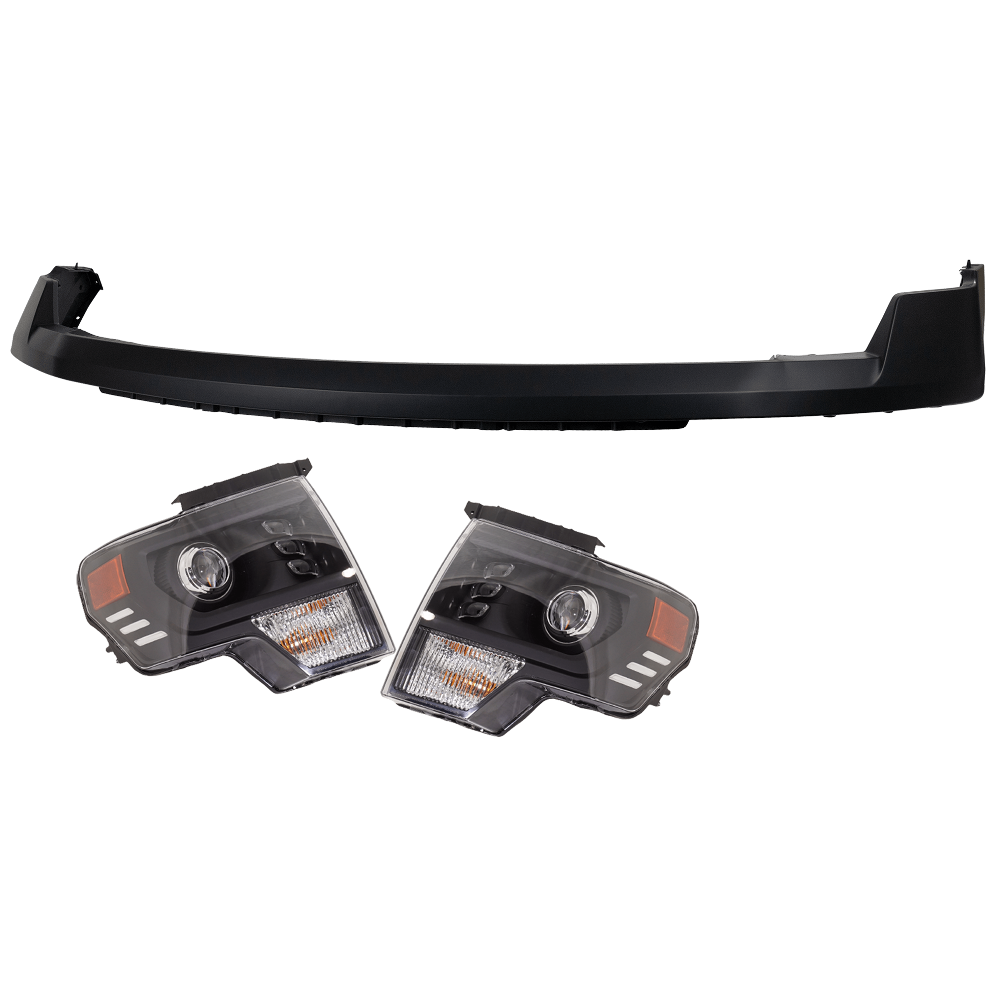 AM F 150-09-14 HEAD LAMP RH AND LH 3 pc Kit Assembly LED with Bumper Cover SKU KIT 072326-29 Partslink FO2502403 FO2503403 FO1000645 OEM DL3Z13008DB PFM DL3Z13008FB PF