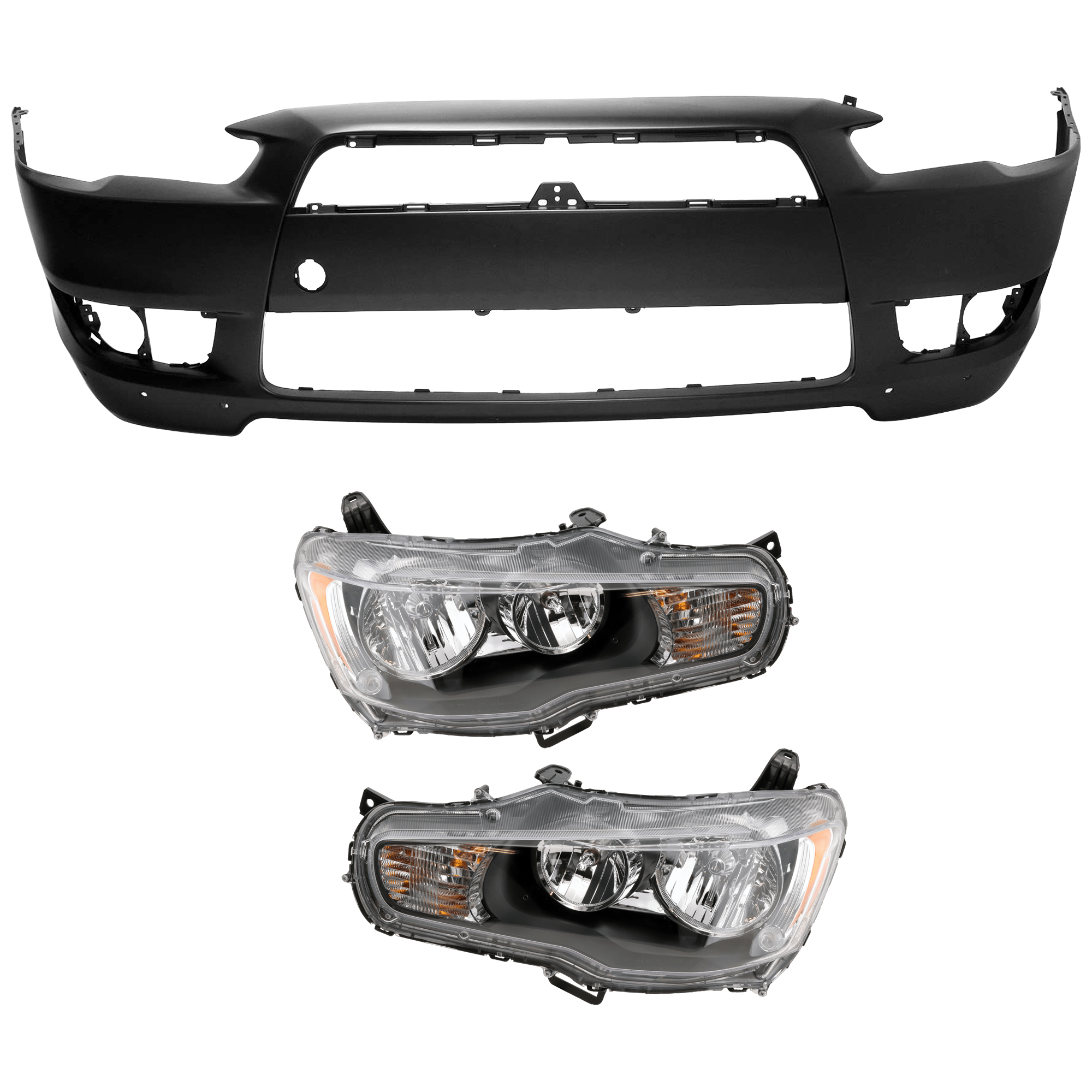 AM LANCER 09-15 HEAD LAMP RH AND LH 3 pc Kit Assembly Halogen with Bumper Cover SKU KIT 072326-52 Partslink MI2502158 MI2503158 MI1000319 OEM 8301C361-8301C362-6400B914