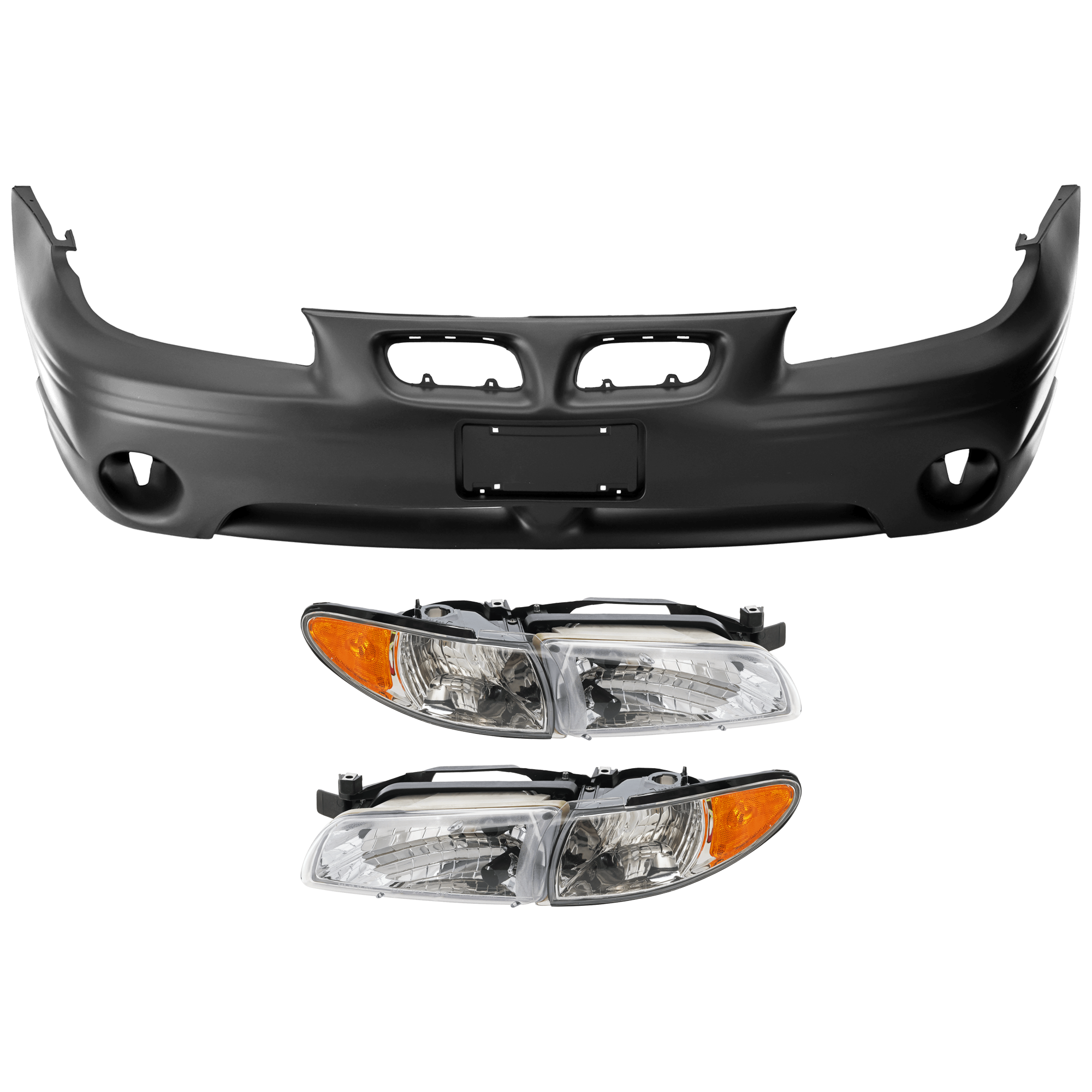 AM GRAND PRIX 97-03 HEAD LAMP RH AND LH 3 pc Kit Assembly Halogen with Bumper Cover SKU KIT 072326-60 Partslink GM2502170 GM2503170 GM1000526 OEM 19149891-19149893-88893300