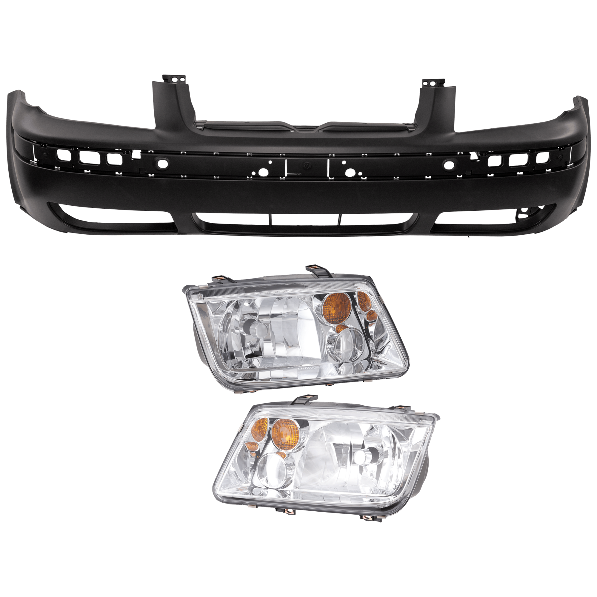 AM JETTA 02-05 HEAD LAMP RH AND LH 3 pc Kit lens and Housing Halogen with Bumper Cover SKU KIT 072326-65 Partslink VW2502125 VW2503125 VW1000136 OEM 1J5941017BJ 1J5941018BJ 1J5807