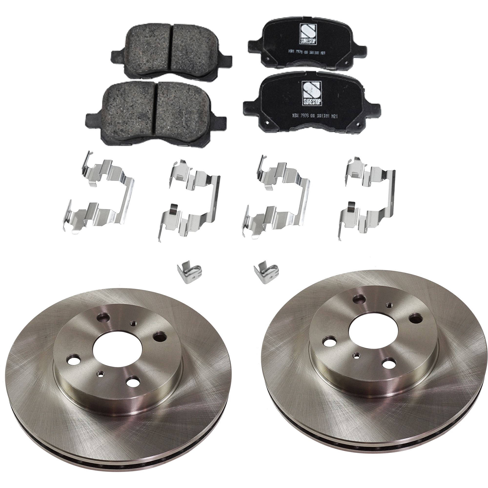AM COROLLA PRIZM 98-02 FRONT BRAKE DISC AND PAD KIT 4 pc Kit SKU KIT 072421-14 OEM 4351212550-94854148-0446502010