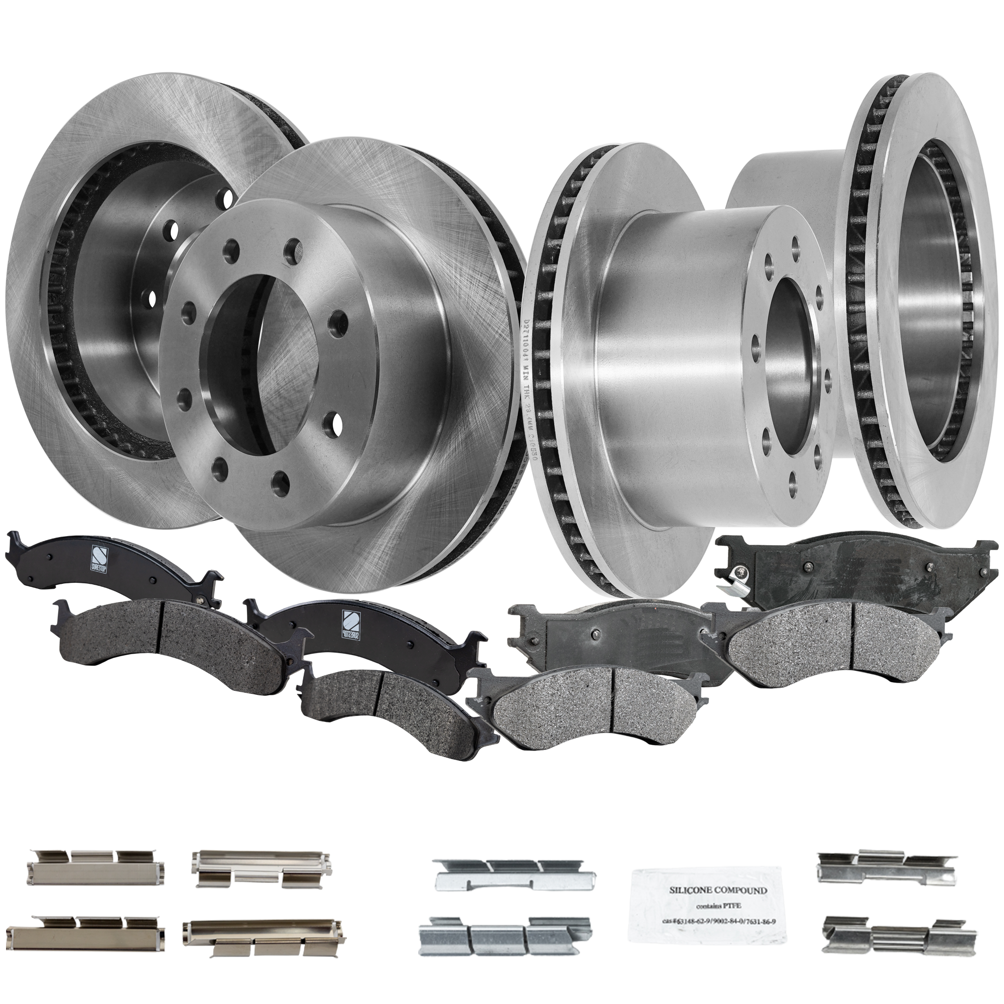 AM RAM 2500 RAM 3500-01-02 FRONT AND REAR BRAKE DISC AND PAD KIT 4 Wheel Set Plain Surface SKU KIT 072421-150 OEM 52009932AA 5015230AA 5018563AA