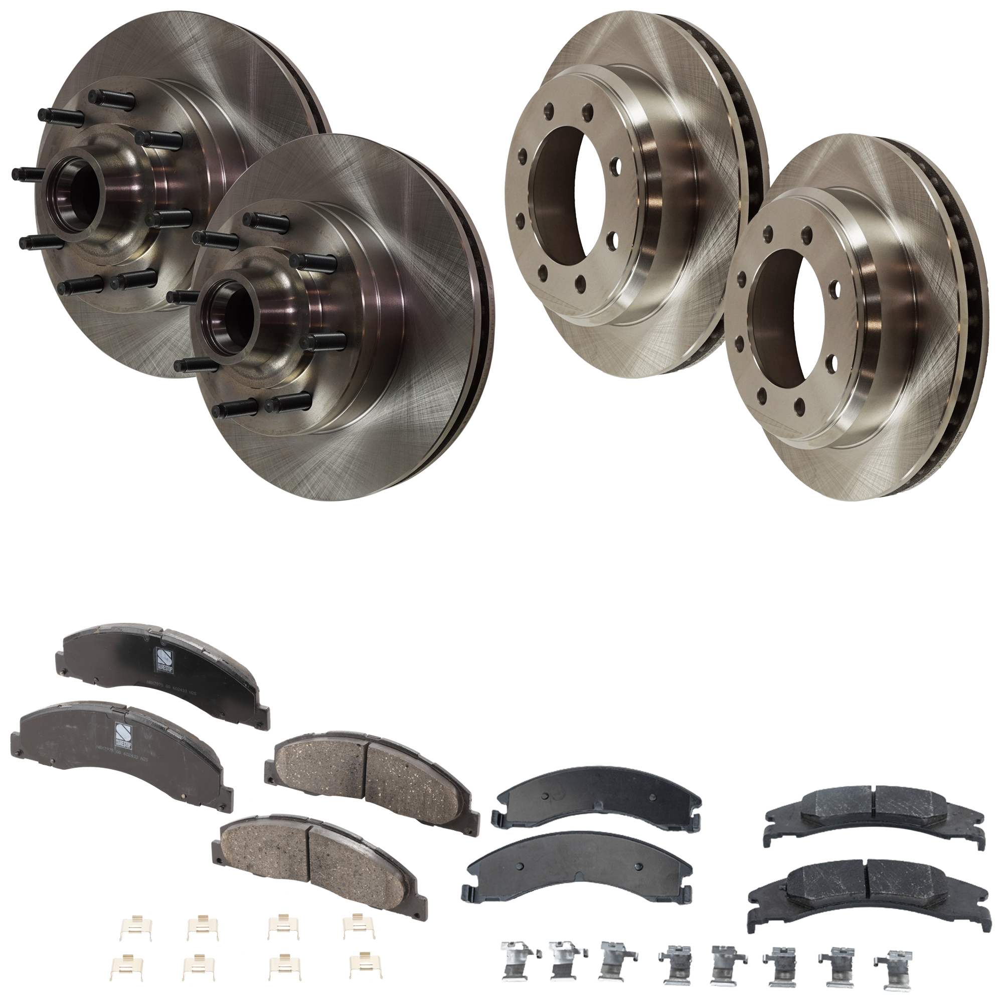 AM E 350 SUPER DUTY 08-21 FRONT AND REAR BRAKE DISC AND PAD KIT 4 Wheel Set Plain Surface SKU KIT 072421-292 OEM 8C2Z2C026C 8C2Z1102A BC2Z1102A