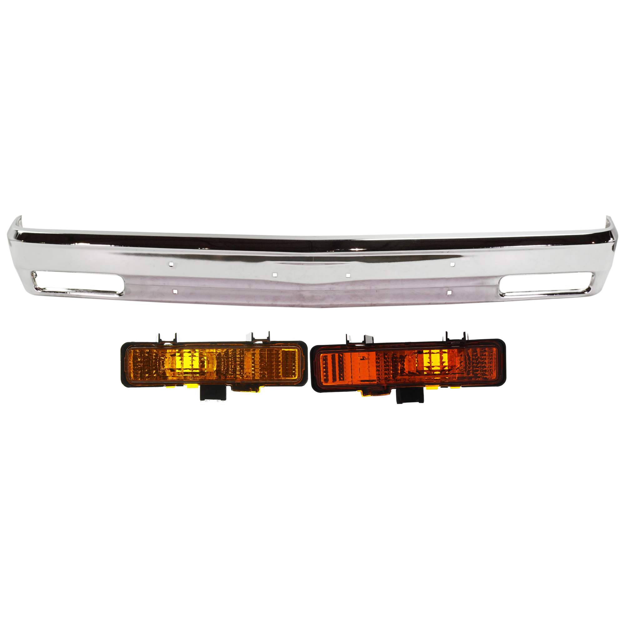 AM S10 BLAZER 83-90 S10 PICKUP 82-90 FRONT BUMPER 3 pc kit w Turn Signal Light Chrome w o Molding Holes SKU KIT 072424-04 Partslink GM1002365 GM2521109 GM2520109 OEM 14033726-5976644-5976643