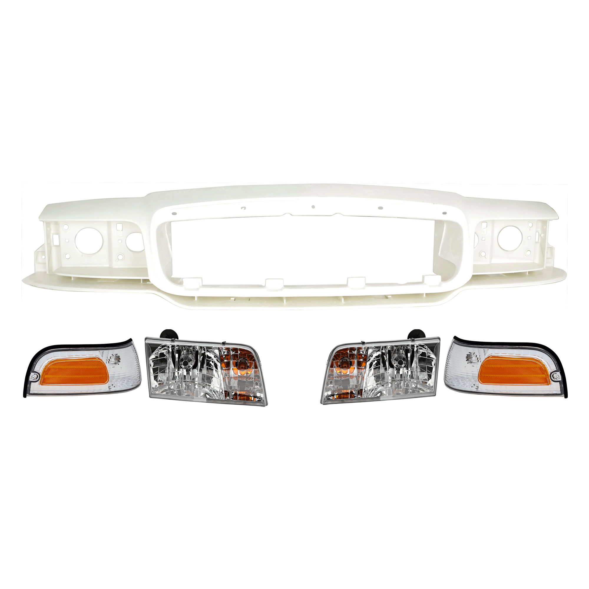AM CROWN VICTORIA 98-11 HEADER PANEL 5 pc Kit w Corner Light and Headlight SKU KIT 072424-08 Partslink FO1220209 FO2520147 FO2521147 FO2503200 FO2502200 OEM 6W7Z8190A XW7Z15A201BB XW7Z15A