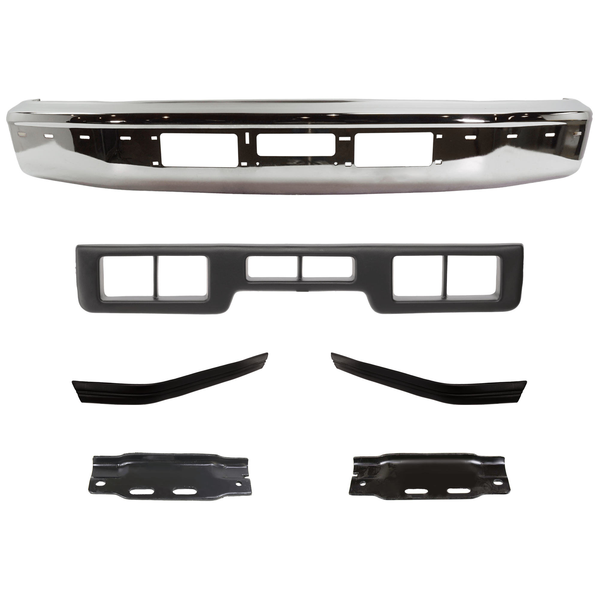 AM F SERIES 92-96 FRONT BUMPER CHROME 6 pc kit w Bumper Bracket and Bumper Trim Mldg Holes and Air Holes 1997 F 250HD F 350 SKU KIT 072424-09 Partslink FO1002254 FO1066108 FO1067108 FO1058271 FO1059271 FO1057272 OEM F3TZ17757AB F2TZ17752B F2TZ177