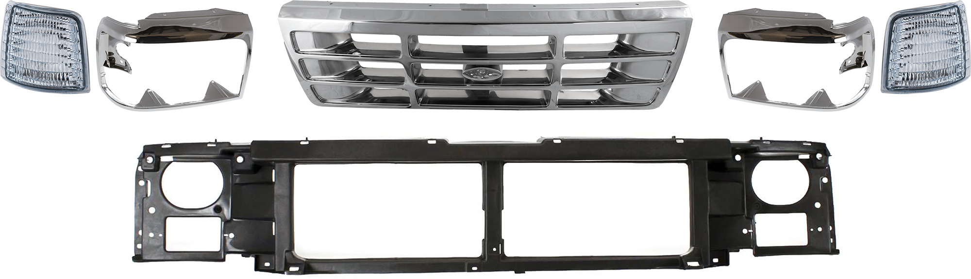 AM F SERIES 92-97 GRILLE 6 pc Kit w Corner Light Header Panel and Headlight Door Plastic Chrome Shell Painted Gray Insert SKU KIT 072424-11 Partslink FO1200173 FO2550110 FO2551108 FO1220113 FO2512130 FO2513131 OEM F4TZ8200A F2TZ15A201D F2TZ15A2