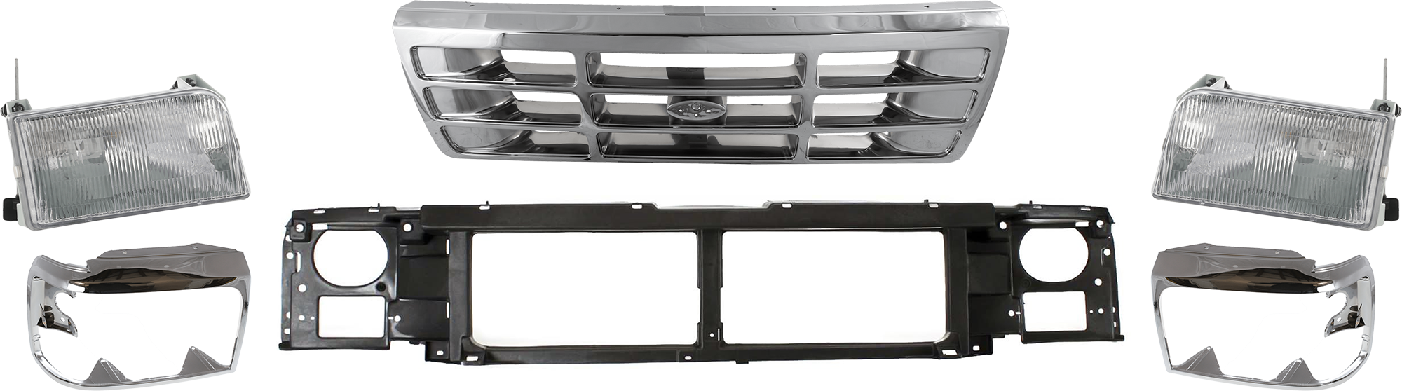 AM F SERIES 92-97 GRILLE 6 pc Kit w Header Panel Headlight and Headlight Door Plastic Chrome Shell Painted Gray Insert SKU KIT 072424-12 Partslink FO1200173 FO1220113 FO2502118 FO2503114 FO2512130 FO2513131 OEM F4TZ8200A F6TZ8A284AC F2TZ1300