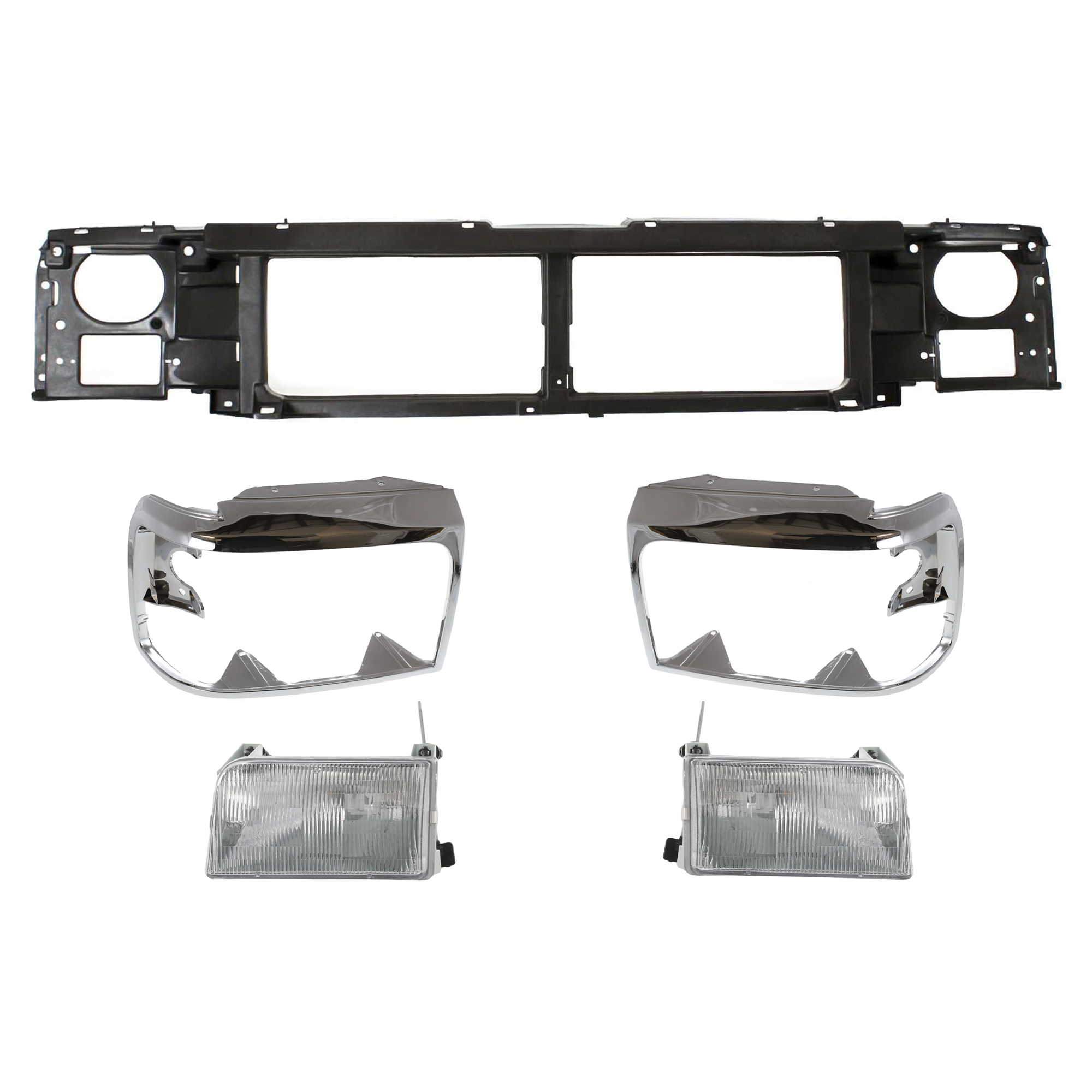 AM F SERIES 92-97 HEADER PANEL 5 pc Kit w Headlight and Headlight Door Grille Mounting Panel SKU KIT 072424-15 Partslink FO1220113 FO2502118 FO2503114 FO2512130 FO2513131 OEM F6TZ8A284AC F2TZ13008B F2TZ130